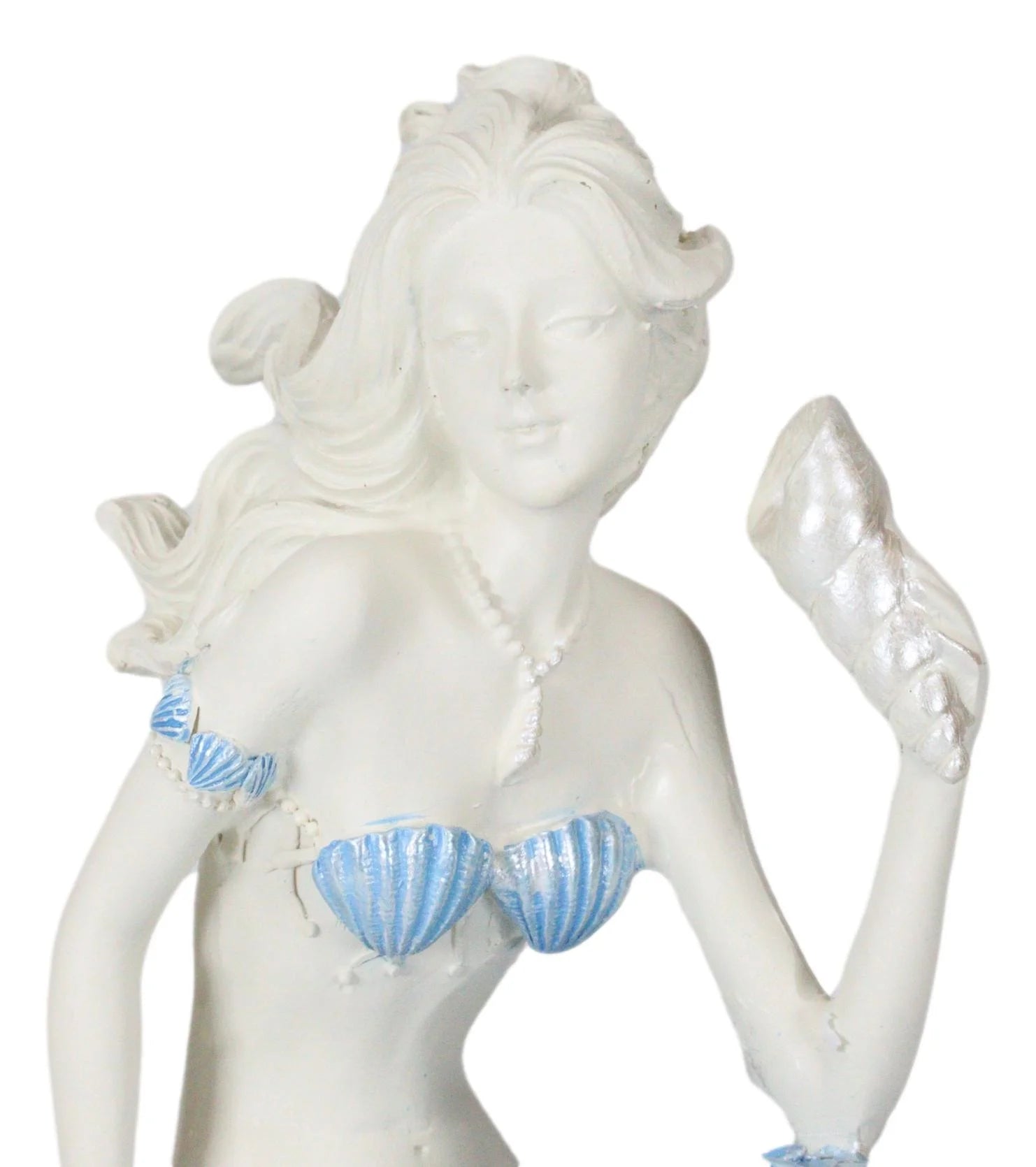 Ocean Goddess Pretty Mermaid with Blue Tail Holding Conch 8"Tall Figurine
