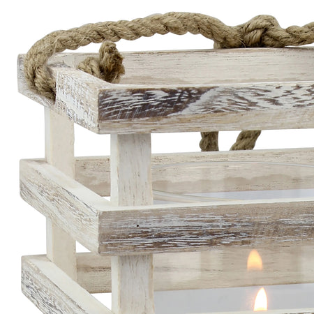Stonebriar Indoor 8" Coastal Wood Candle Holder with Removable Glass Cylinder, Off-White