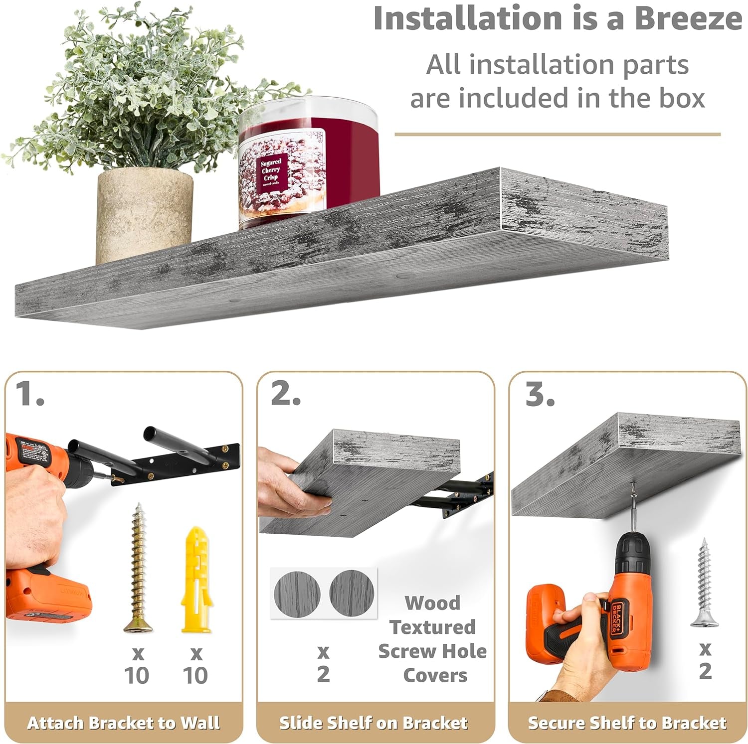 Floating Shelves, Wall Shelves for Bedroom, Kitchen, Living Room, Bathroom Shelves over the Toilet, Home Decor, Farmhouse, 24 X 9 Inch Wall Mounted Floating Shelves for Wall, 2 Pack Rustic Grey