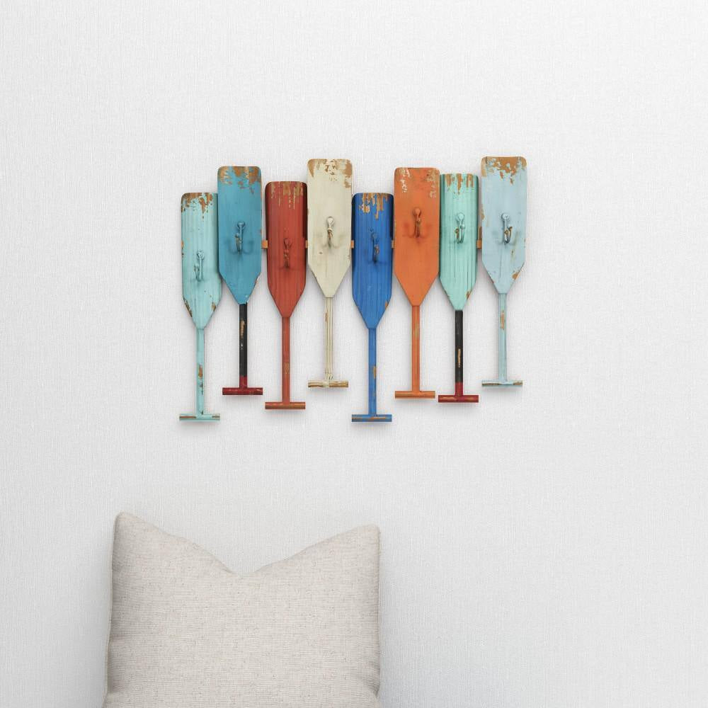 Multi Colored Indoor Outdoor Distressed Oar Shaped 8 Hanger Paddle Wall Hook