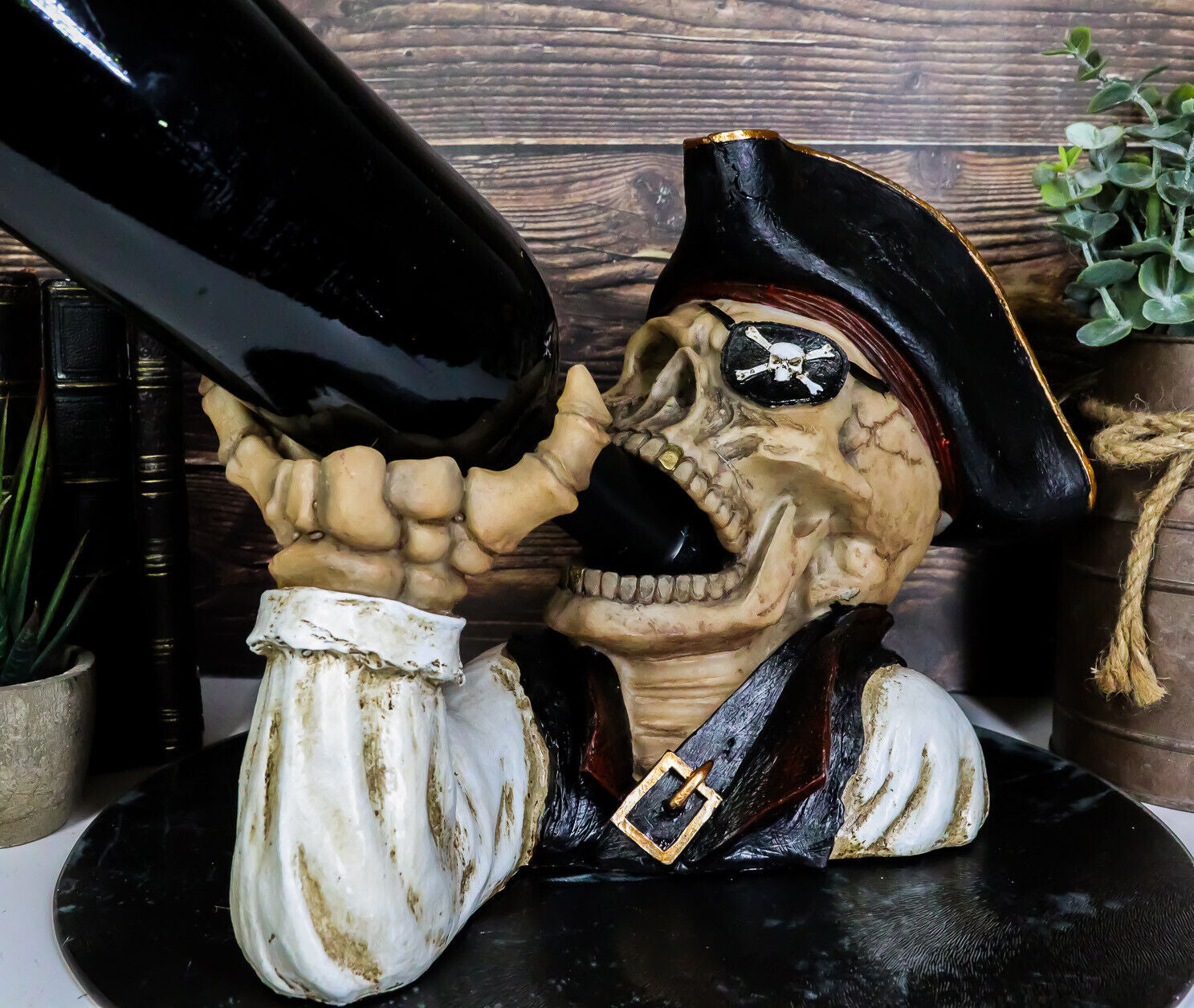 Polyresin Wicked Pirate Captain Hook Skeleton Wine Bottle Holder 8" Tall