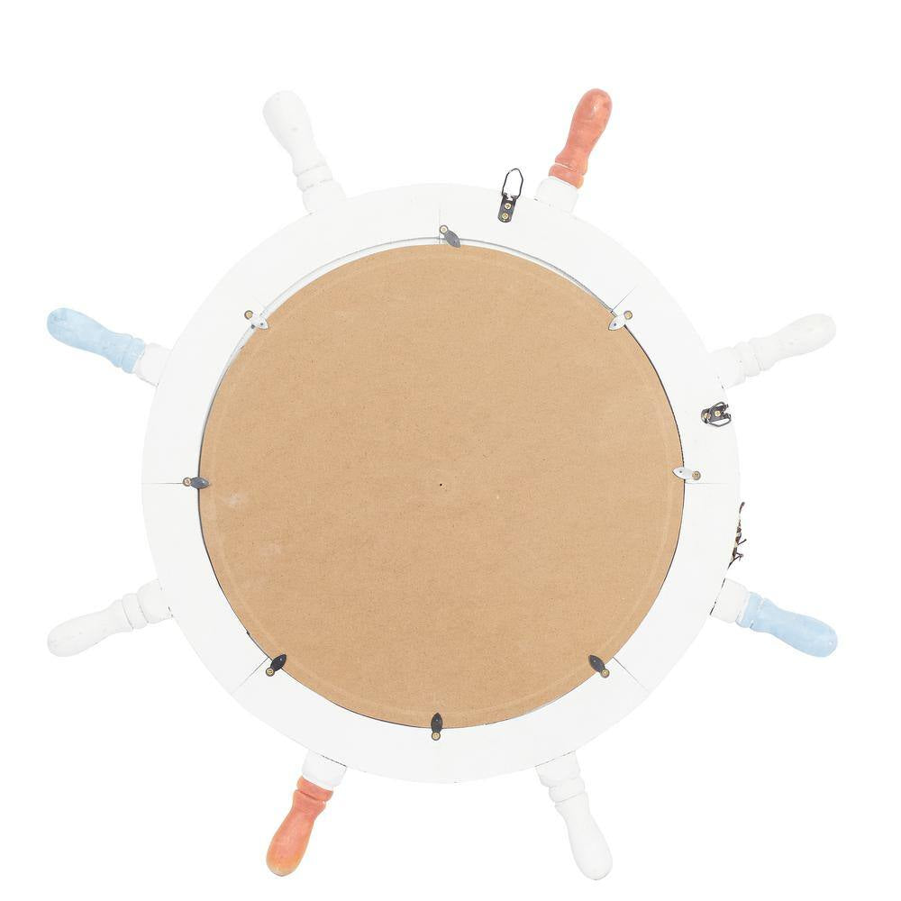 Ship Wheel round Framed White Sail Boat Wall Mirror with Netting Accent - 25 In. X 25 In.