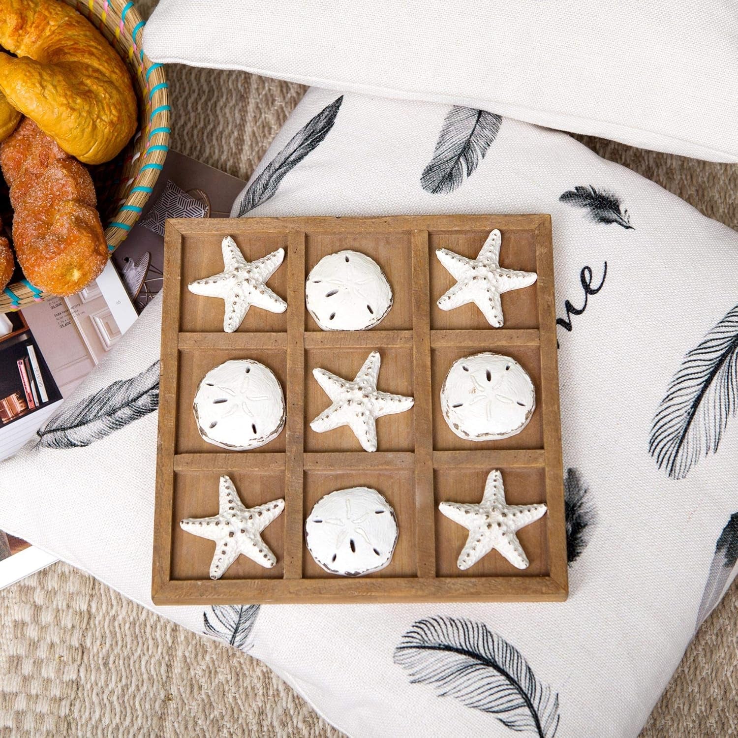 Beach Tic Tac Toe for Fun Starfish Sand Dollar Coastal House Coffee Table Decor Wood Board Travel Game