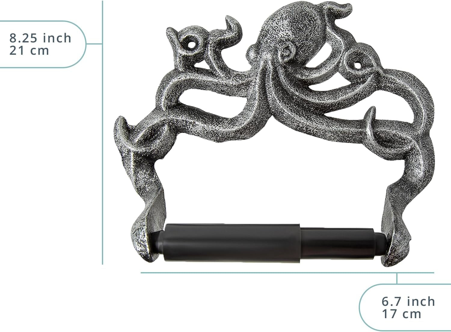 Decorative Cast Iron Octopus Toilet Paper Roll Holder – Wall Mounted Octopus Decor for Bathroom – Kraken, Nautical Bathroom Accessories – Included Screws and Anchors - Silver & Black