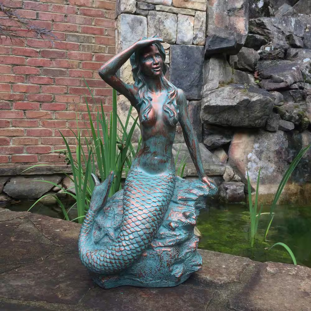 22 In. Classic Mermaid Bronze Patina Sitting on Coastal Rock Beach Collectible Statue