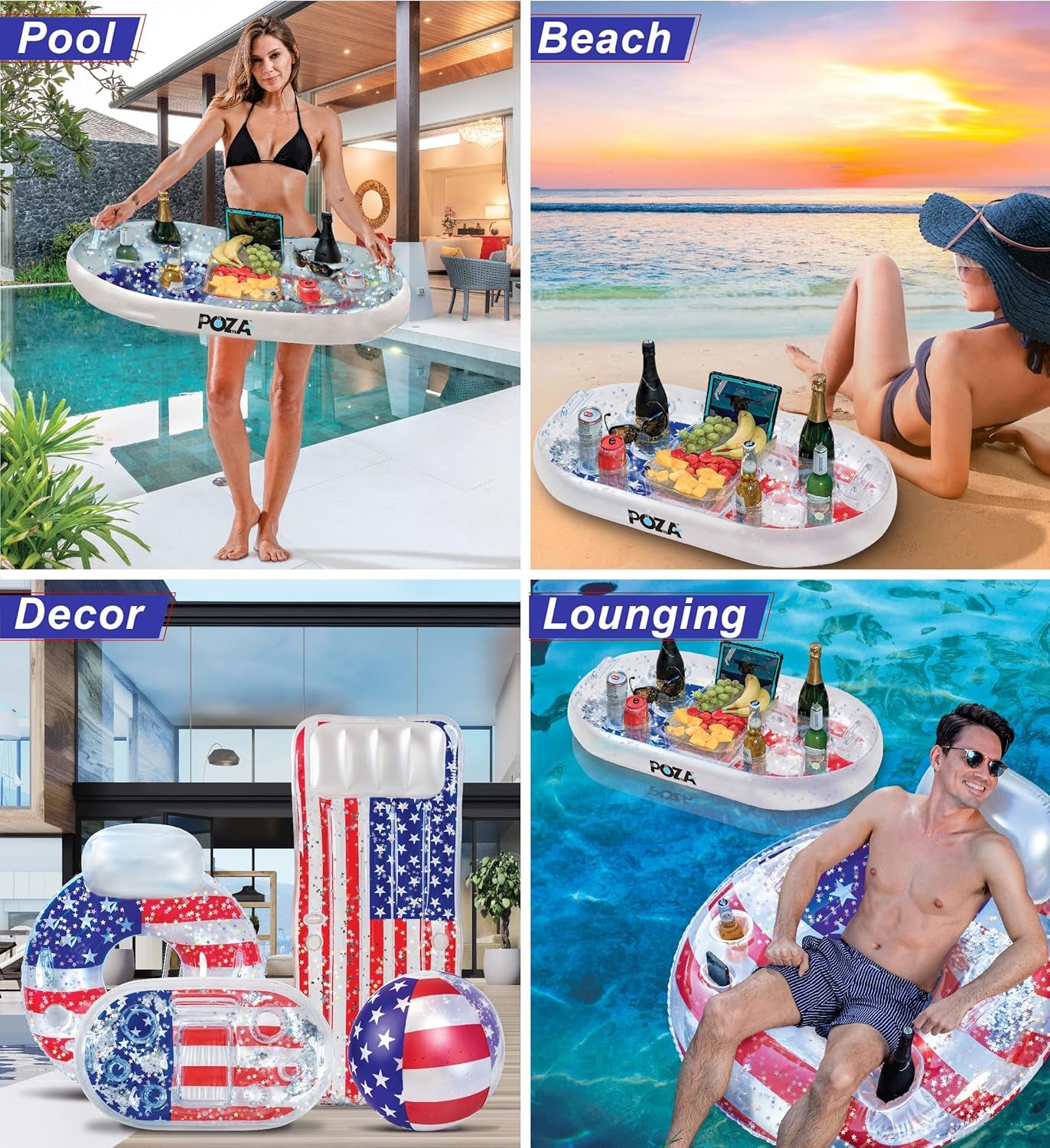Inflatable USA Pool Float - Luxurious Fun Lounger Filled with Sparkle Silver Stars Confetti, Cool USA Flag Design Water Swimming Pool Floaties for Beach, Lake & Pool