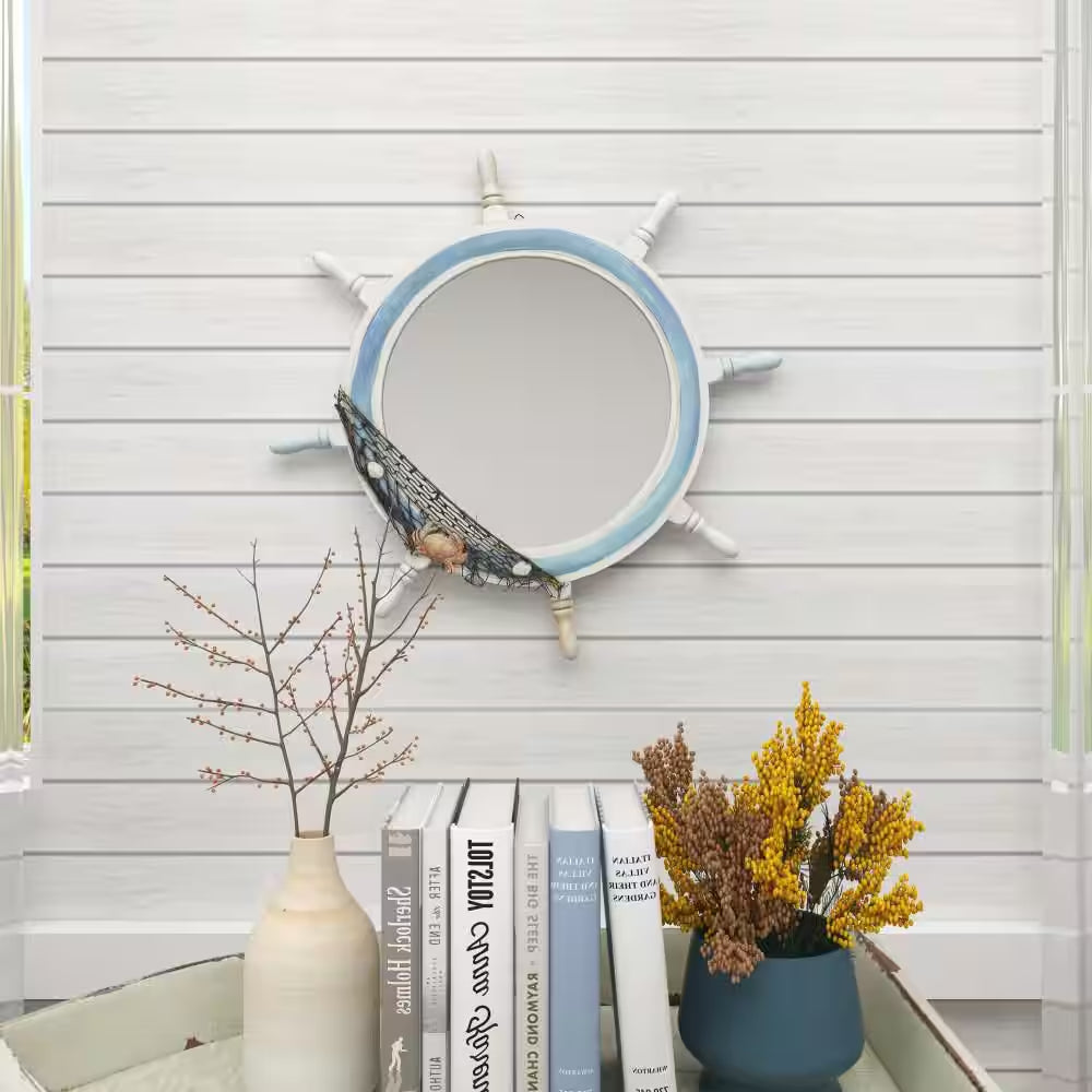 Ship Wheel round Framed White Sail Boat Wall Mirror with Netting Accent - 25 In. X 25 In.