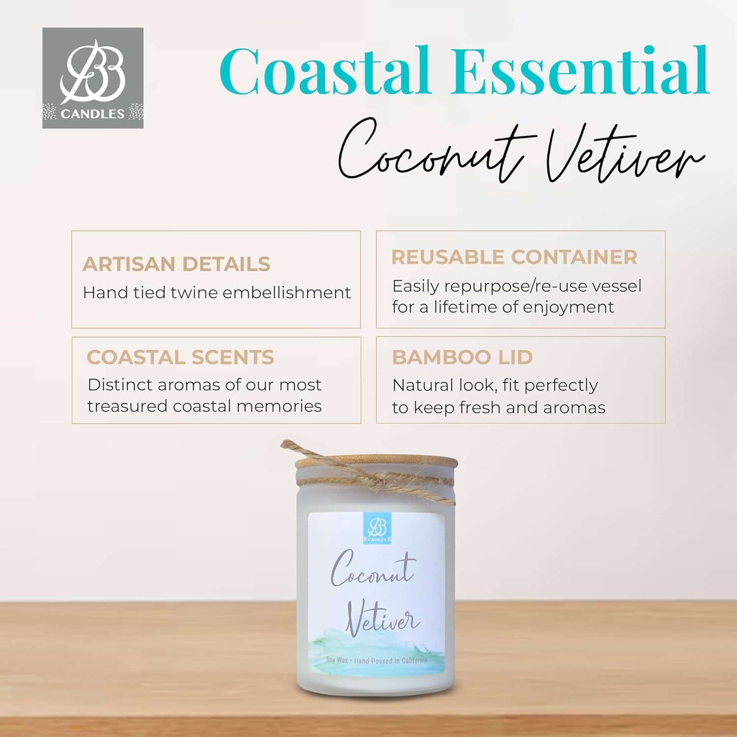 Coastal Essentials Natural Soy Hand Poured Candle, Coconut Vetiver Scent, Fragrant Coastal Candle with Strong Scents, Artisan Candle, 12Oz, 90+ Hours Burn Time