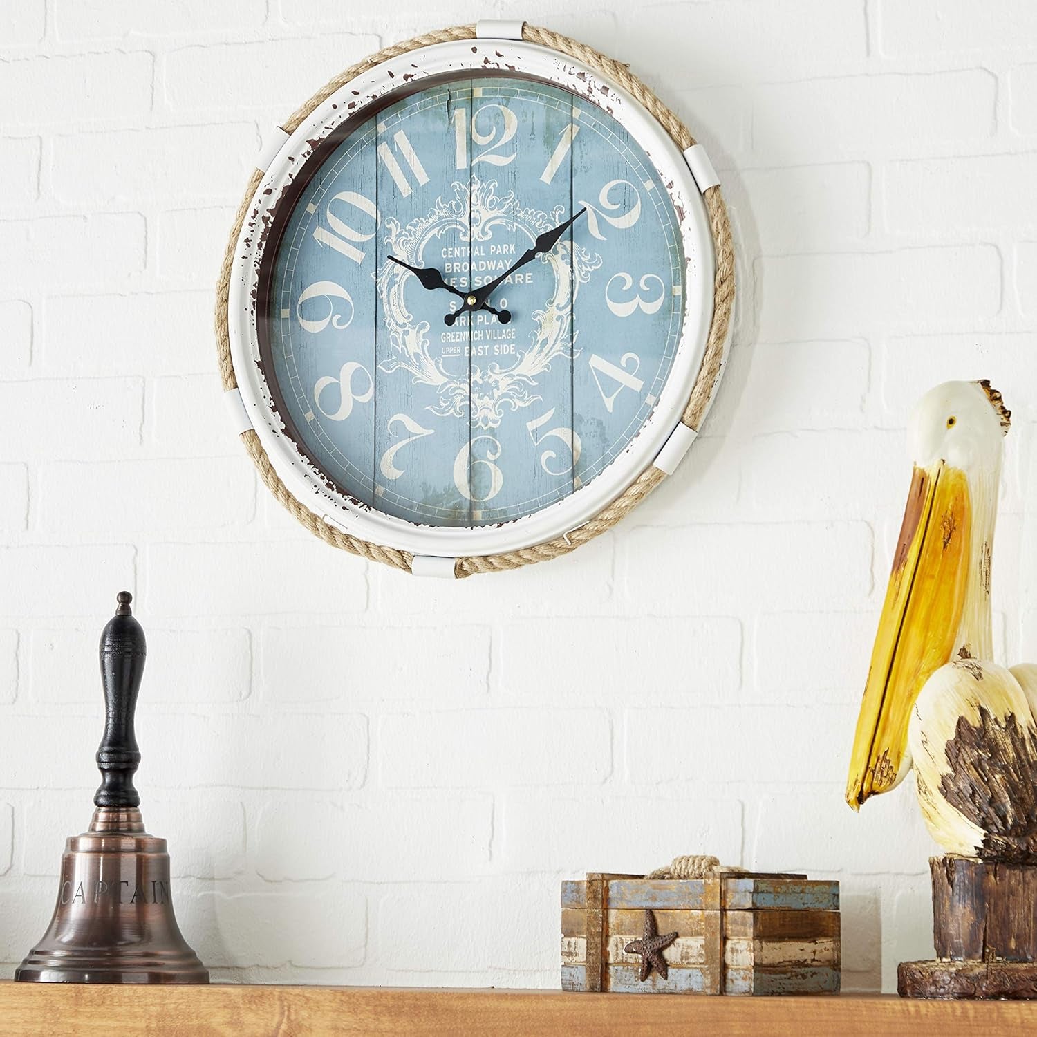 Metal Scroll Decorative Wall Clock Wall Clock for Home with Distressed White Frame and Rope Accent, 17" X 2" X 17", Blue