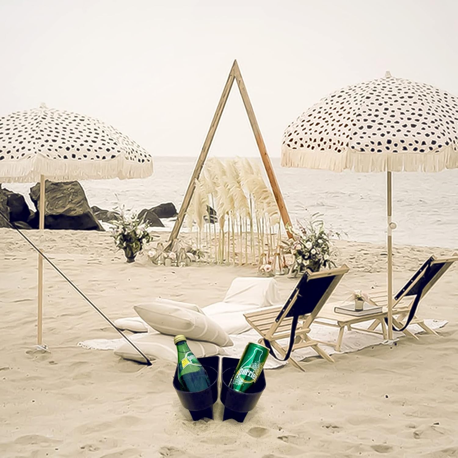 Beach Cup Holder with Pocket, Multi-Functional Sand Cup Holder for Beverage Phone Sunglasses Key, Beach Accessory Drink Sand Coaster, 2-Pack, Navy