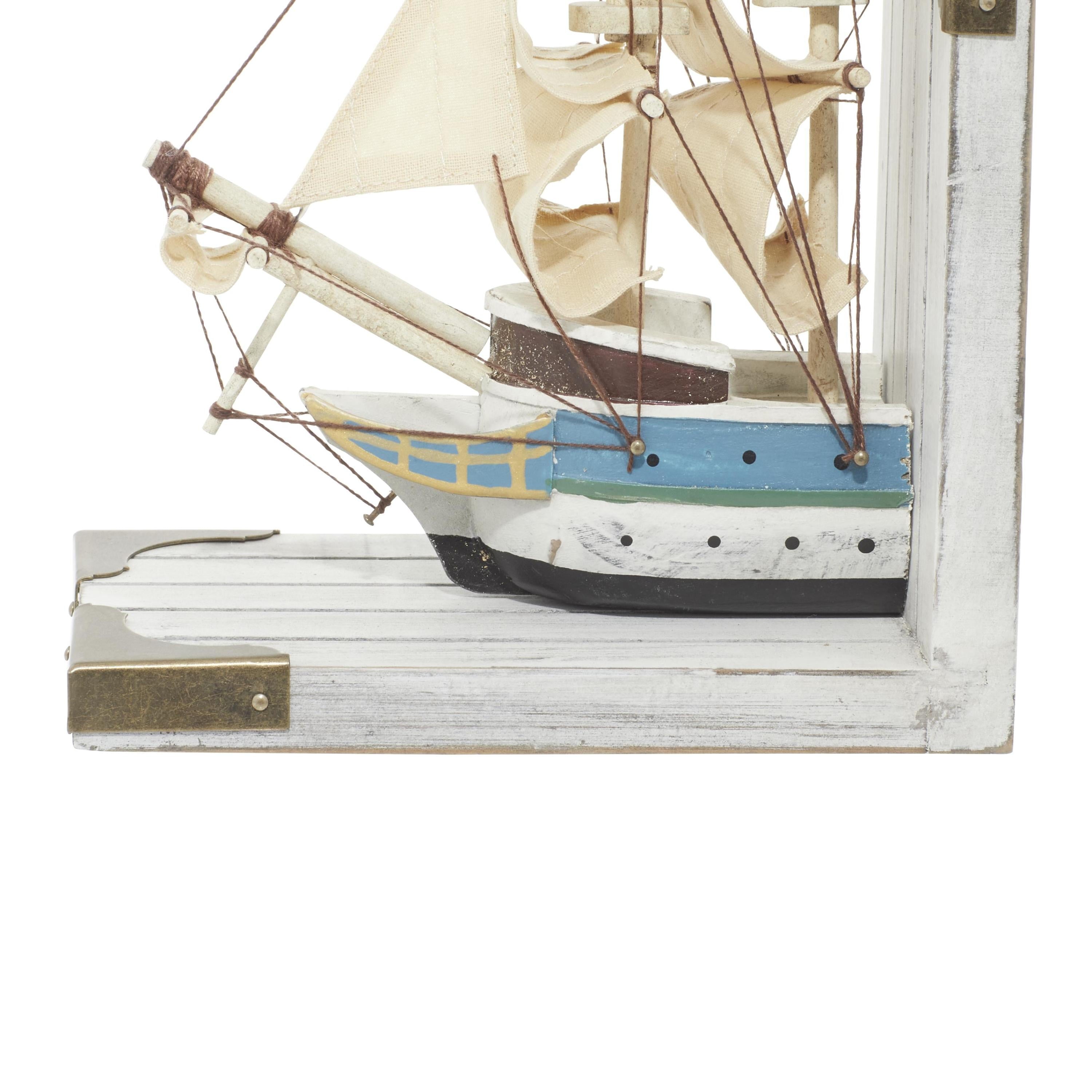 6" Sail Boat White Wood Bookends with Real Boat Rigging and Gold Corners (Set of 2)