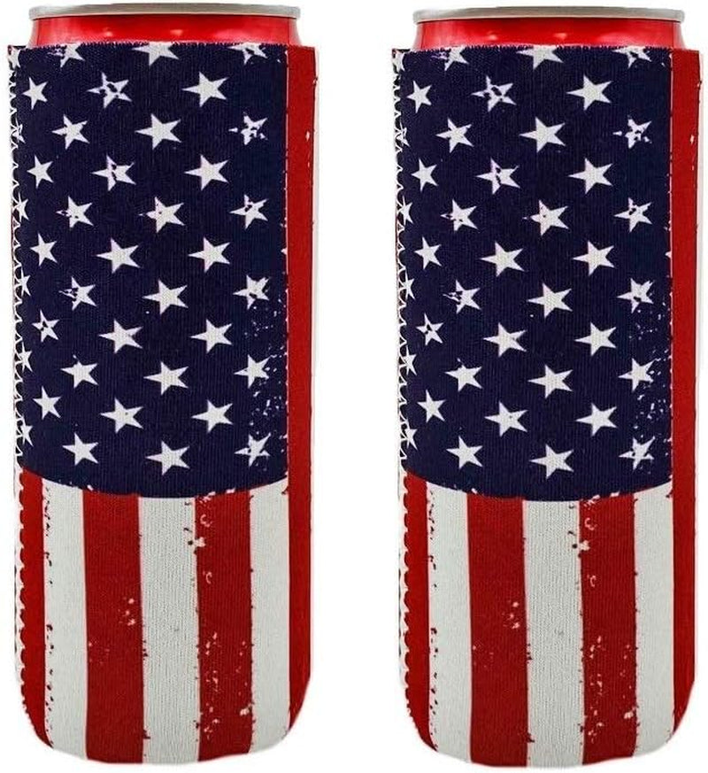 Slim Can Cooler (2Pack) - American Flag - Fits 12Oz Slim Cans - Keeps Drinks Cool & Hands Dry