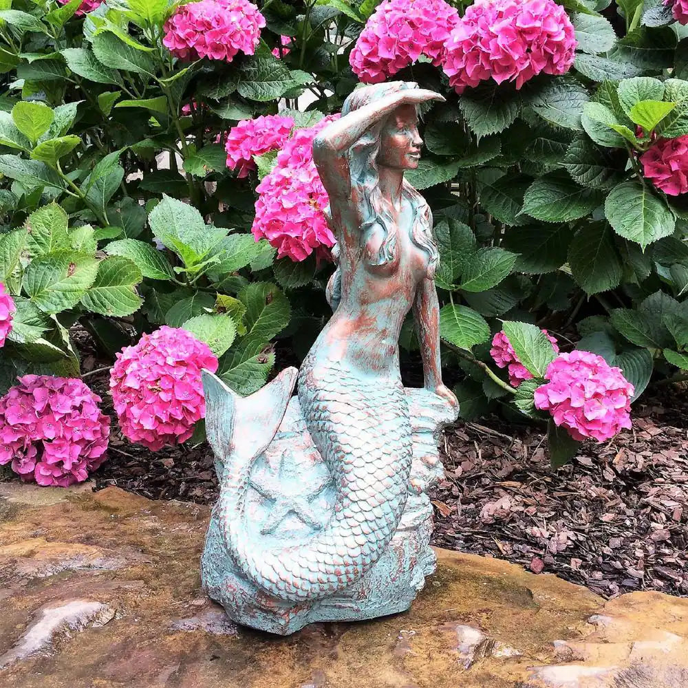 22 In. Classic Mermaid Bronze Patina Sitting on Coastal Rock Beach Collectible Statue