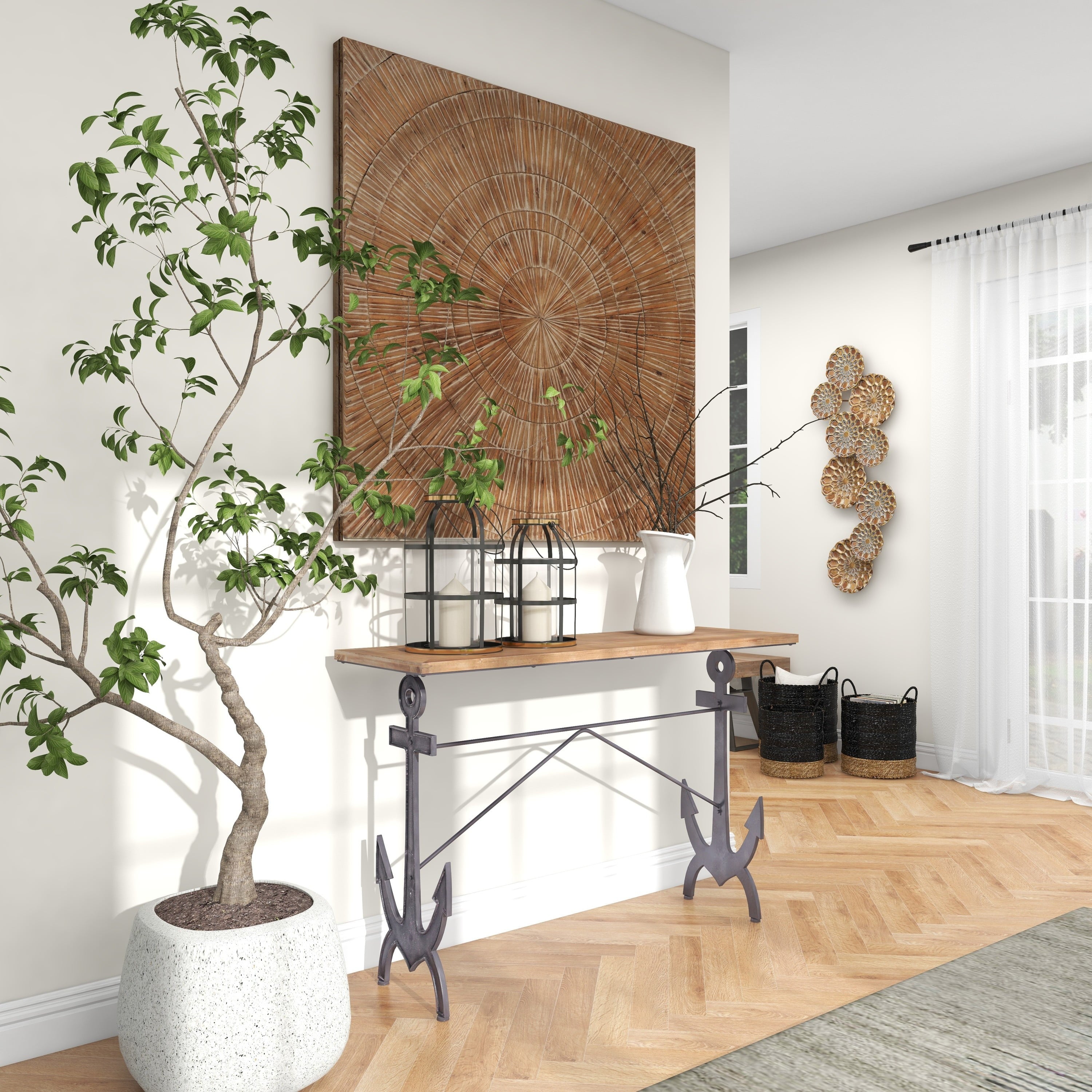 Brown/Black Coastal Rectangular Metal Console Table with Metal Anchor Shaped Base, 48"W X 31"H