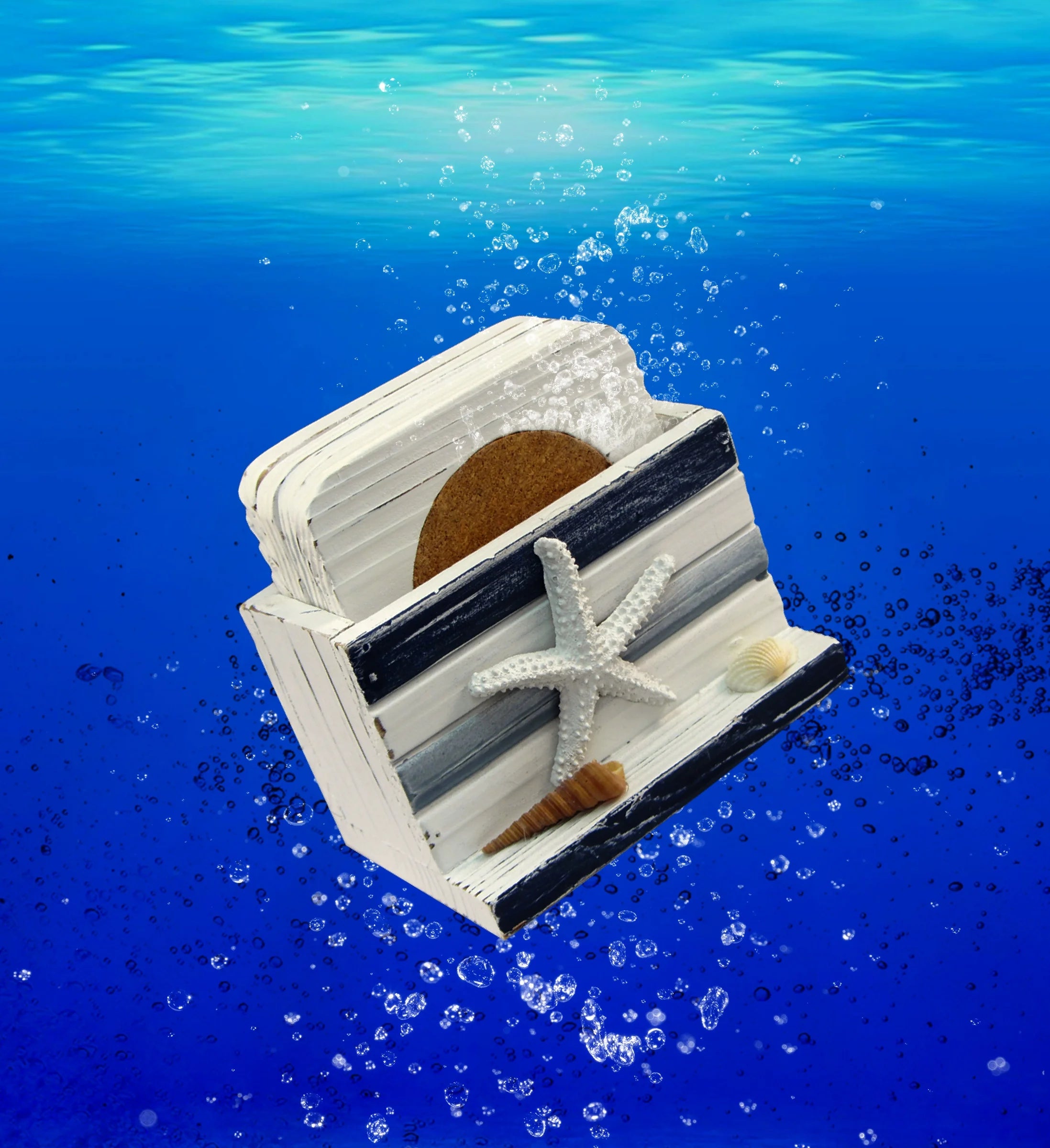 White and Blue Stripes Wooden Nautical Coasters - Tabletop Wooden Coastal Decor for Home, Kitchen, Bar, Beach Themed Gifts Square Coasters Set of 4, Handmade Drink Coasters with Holder