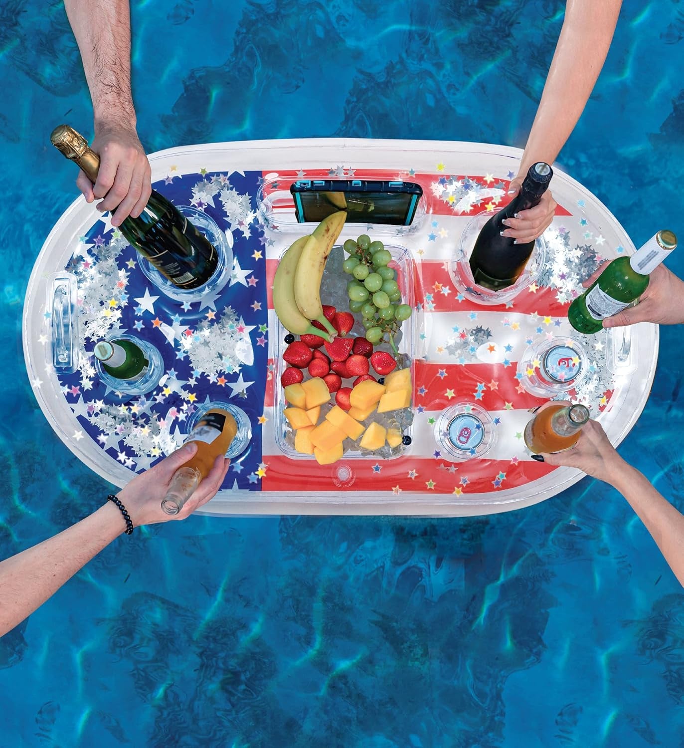 Inflatable USA Pool Float - Luxurious Fun Lounger Filled with Sparkle Silver Stars Confetti, Cool USA Flag Design Water Swimming Pool Floaties for Beach, Lake & Pool