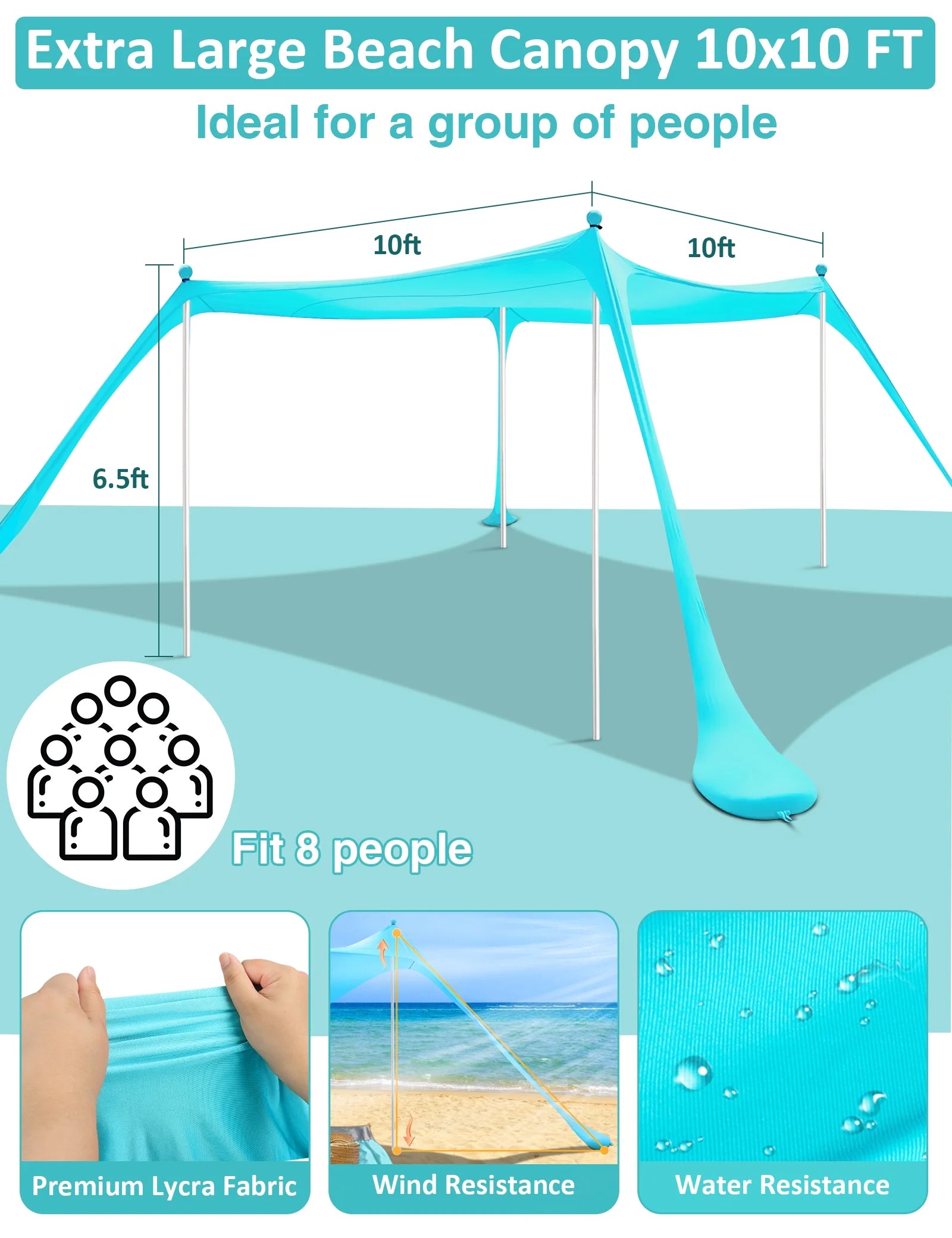 Beach Tent Canopy 10'X10' Beach Tents Sun Shelter 6-8 Person Beach Canopy Tent Sun Shade Easy Setup Pop up Beach Shade Canopy Portable Beach Tent UPF 50+ Waterproof Windproof Beach Canopy