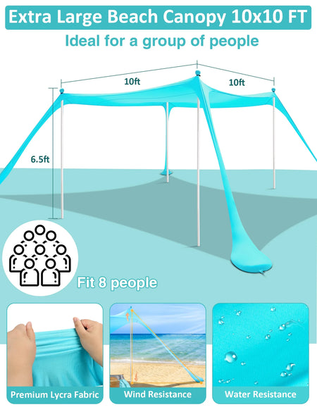 Beach Tent Canopy 10'X10' Beach Tents Sun Shelter 6-8 Person Beach Canopy Tent Sun Shade Easy Setup Pop up Beach Shade Canopy Portable Beach Tent UPF 50+ Waterproof Windproof Beach Canopy