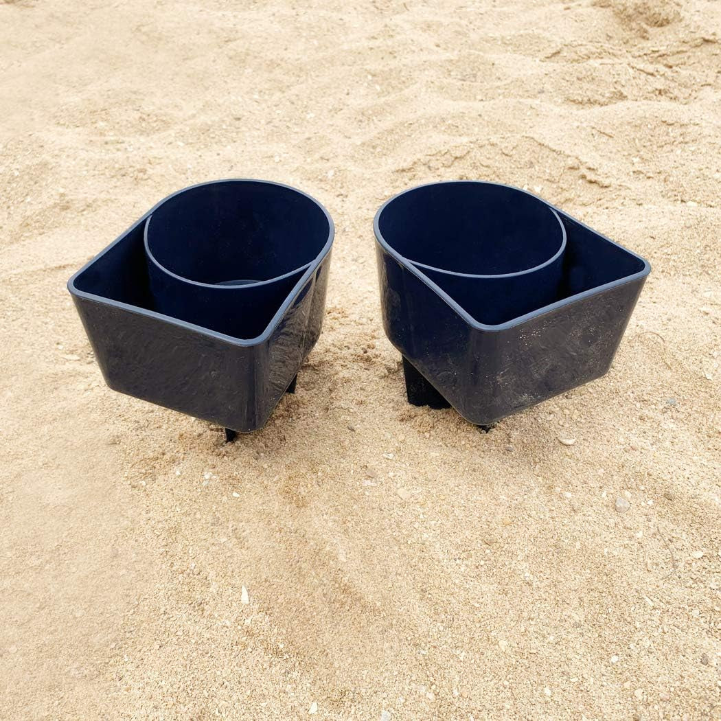 Beach Cup Holder with Pocket, Multi-Functional Sand Cup Holder for Beverage Phone Sunglasses Key, Beach Accessory Drink Sand Coaster, 2-Pack, Navy