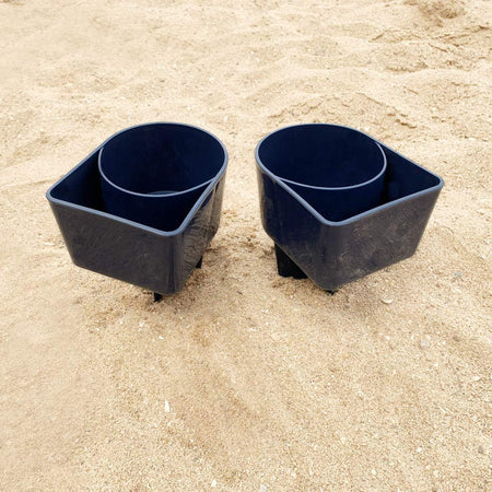 Beach Cup Holder with Pocket, Multi-Functional Sand Cup Holder for Beverage Phone Sunglasses Key, Beach Accessory Drink Sand Coaster, 2-Pack, Navy