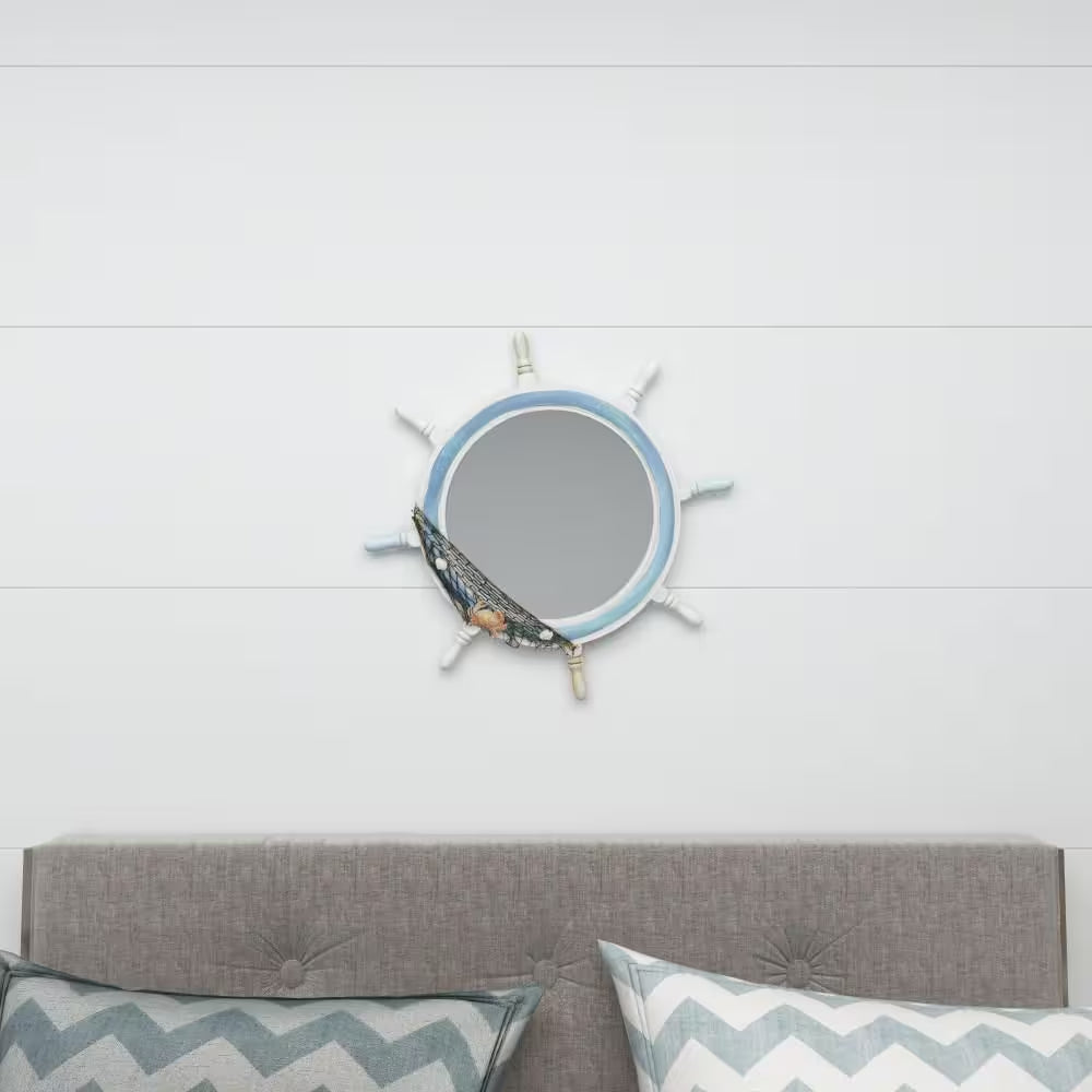 Ship Wheel round Framed White Sail Boat Wall Mirror with Netting Accent - 25 In. X 25 In.