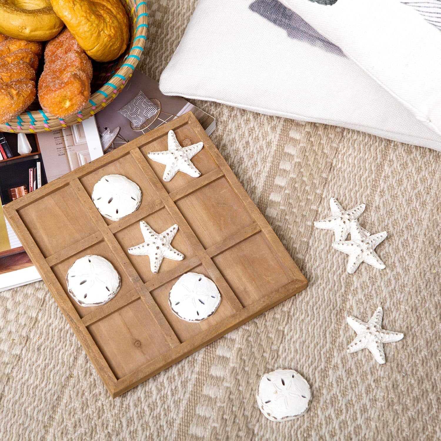Beach Tic Tac Toe for Fun Starfish Sand Dollar Coastal House Coffee Table Decor Wood Board Travel Game