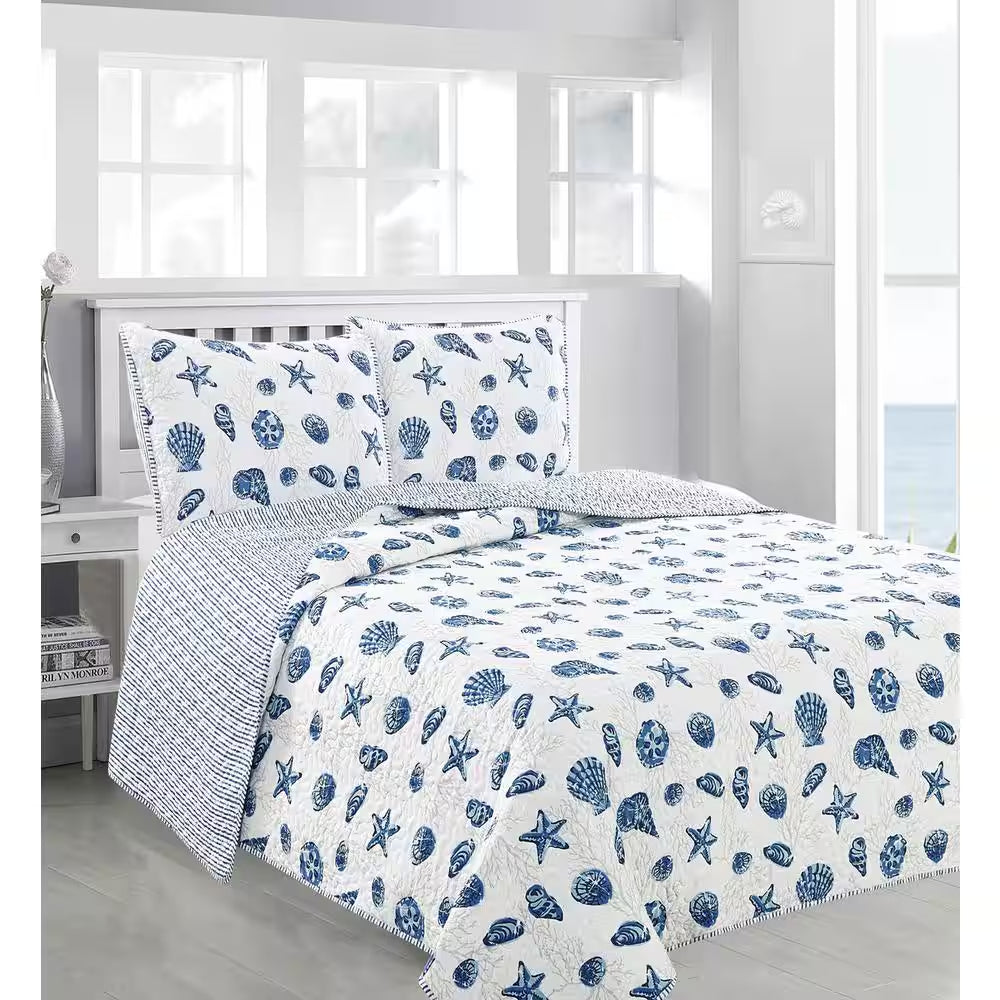 3-Piece Blue Seashell Coastal Printed Full/Queen Microfiber Quilt Set Bedspread