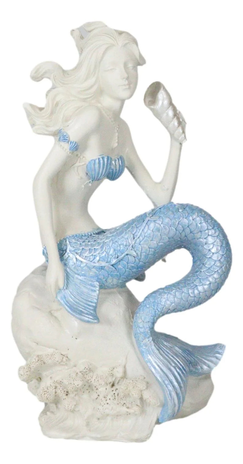 Ocean Goddess Pretty Mermaid with Blue Tail Holding Conch 8"Tall Figurine