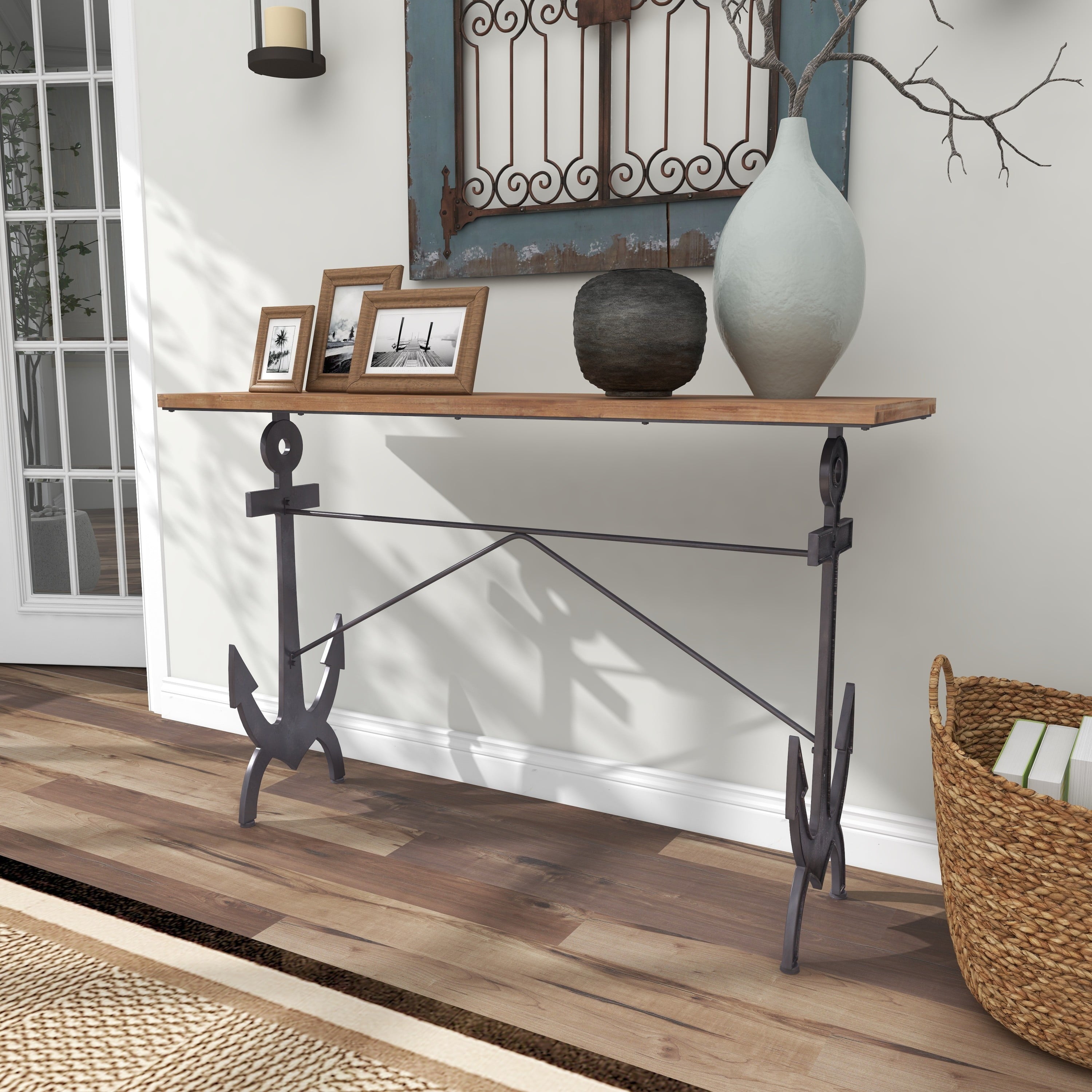 Brown/Black Coastal Rectangular Metal Console Table with Metal Anchor Shaped Base, 48"W X 31"H