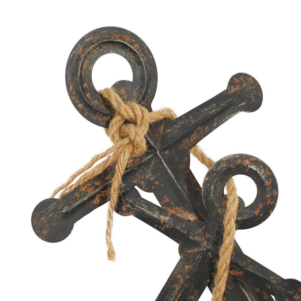 5 In. X 16 In. Black Metal Anchor Sculpture with Jute Rope Accents