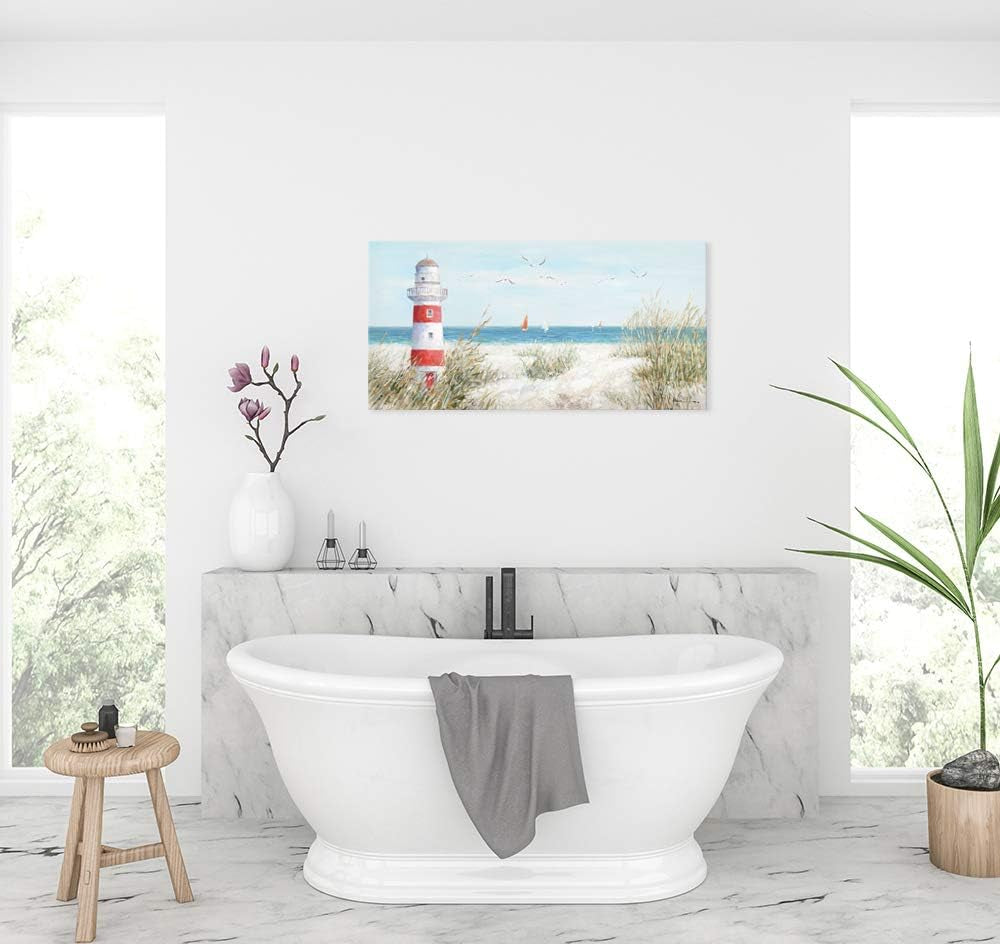 Lighthouse Canvas Wall Art for Home Bathroom Coastal Wall Lighthouse Art Seagull Themed Coastal Sailing Boat Wall Coastal Wall Decor Large Framed for Living Room Easy to Hang 40''X20''