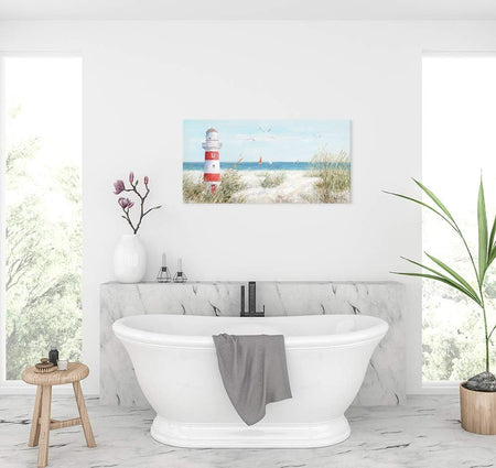 Lighthouse Canvas Wall Art for Home Bathroom Coastal Wall Lighthouse Art Seagull Themed Coastal Sailing Boat Wall Coastal Wall Decor Large Framed for Living Room Easy to Hang 40''X20''