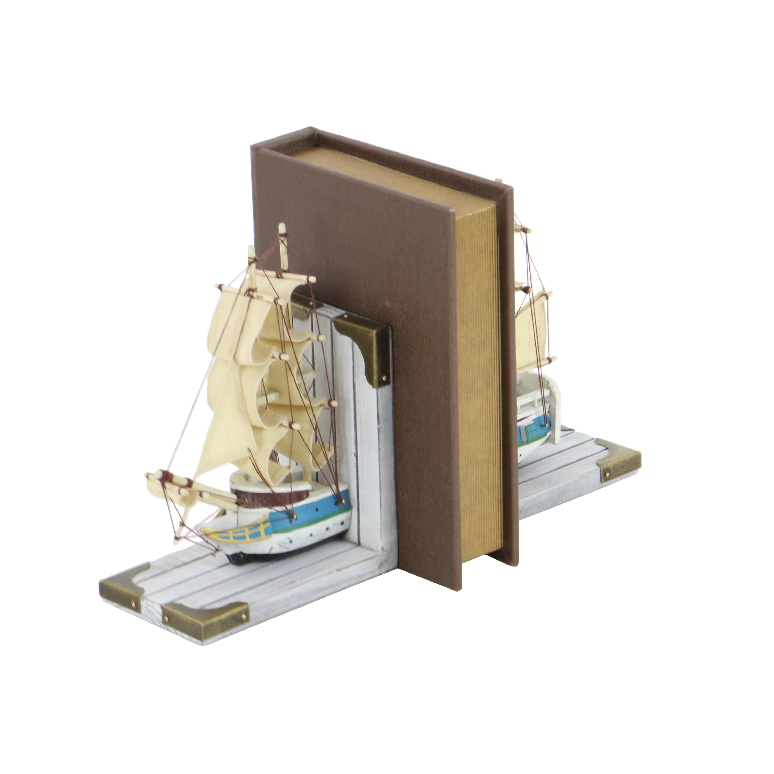 6" Sail Boat White Wood Bookends with Real Boat Rigging and Gold Corners (Set of 2)
