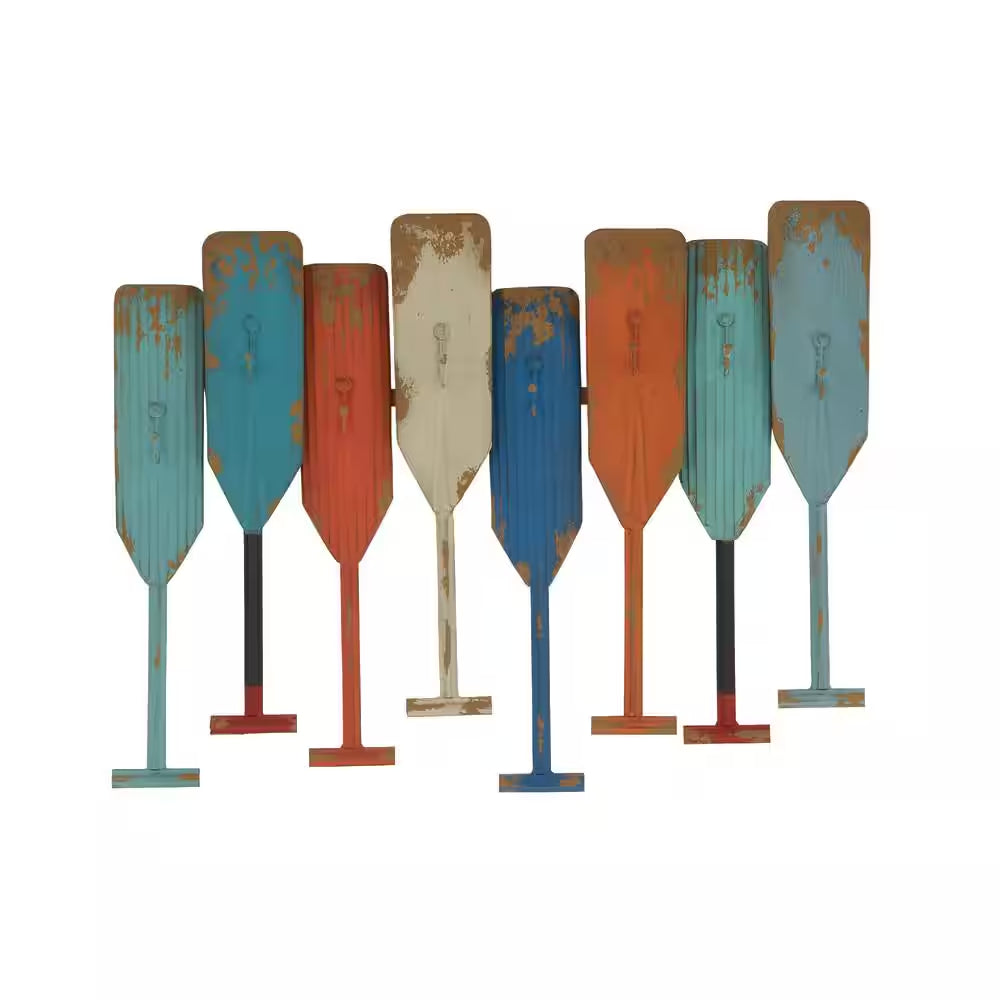 Multi Colored Indoor Outdoor Distressed Oar Shaped 8 Hanger Paddle Wall Hook