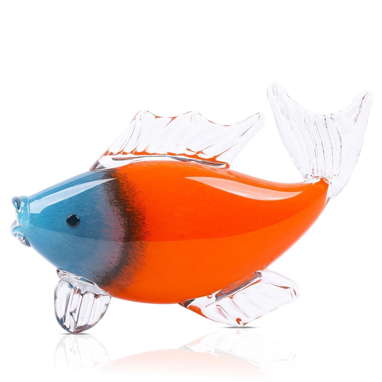Handcrafted Glass Fish Sculpture - Transparent with Blue and Orange Accents 