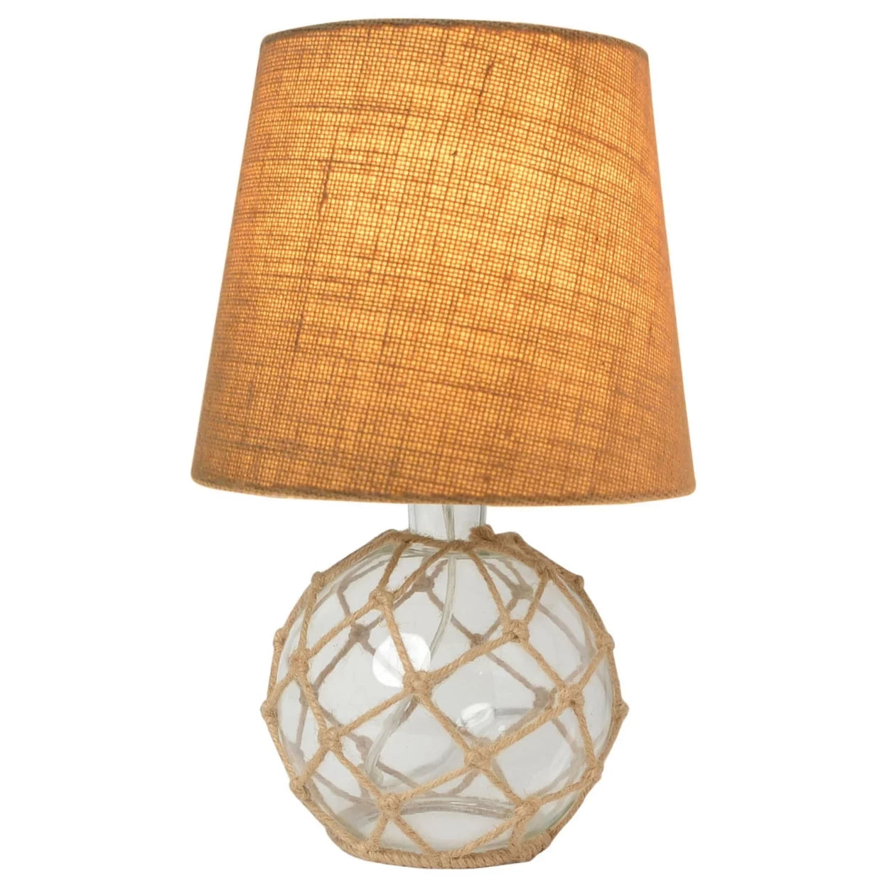 Buoy Rope Nautical Netted Coastal Ocean Sea Glass Table Lamp with Burlap Fabric Shade, Clear