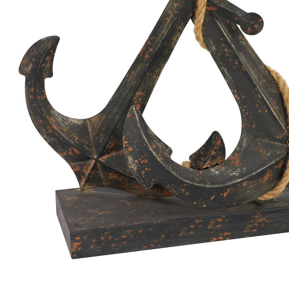 5 In. X 16 In. Black Metal Anchor Sculpture with Jute Rope Accents