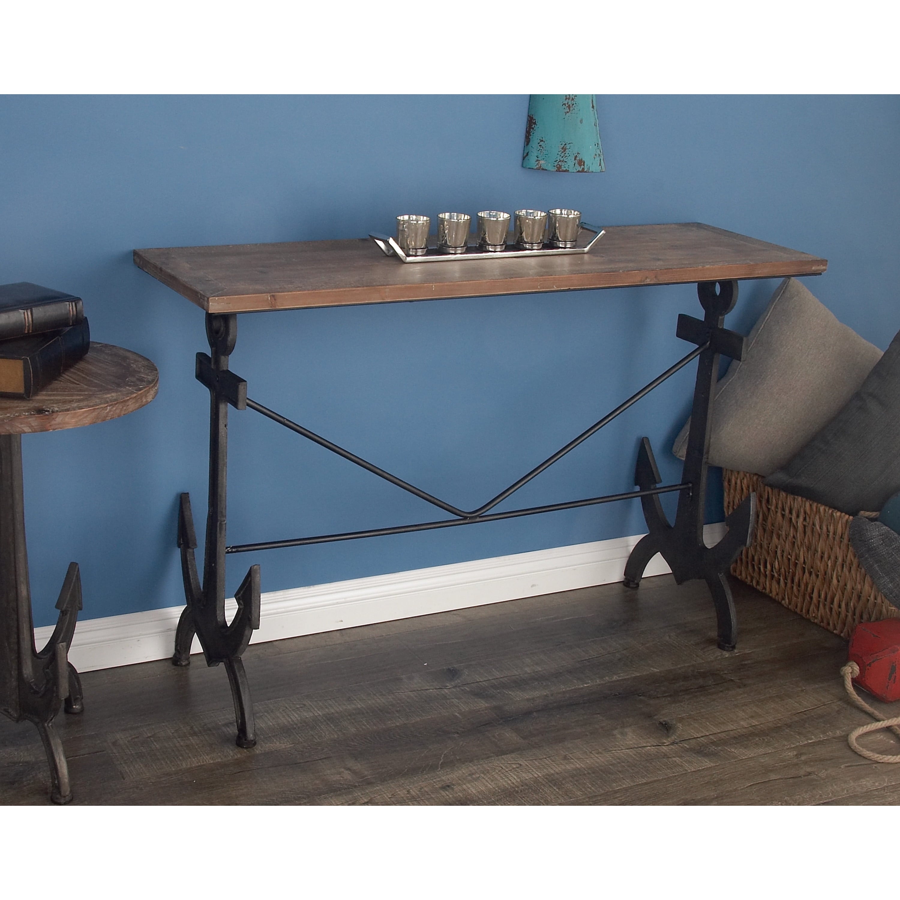 Brown/Black Coastal Rectangular Metal Console Table with Metal Anchor Shaped Base, 48"W X 31"H