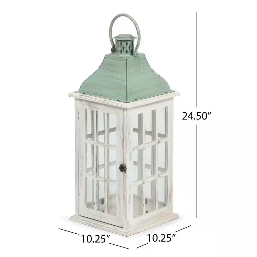 Coastal Handcrafted Mango Wood Decorative Lantern, White Wash/Green Pat