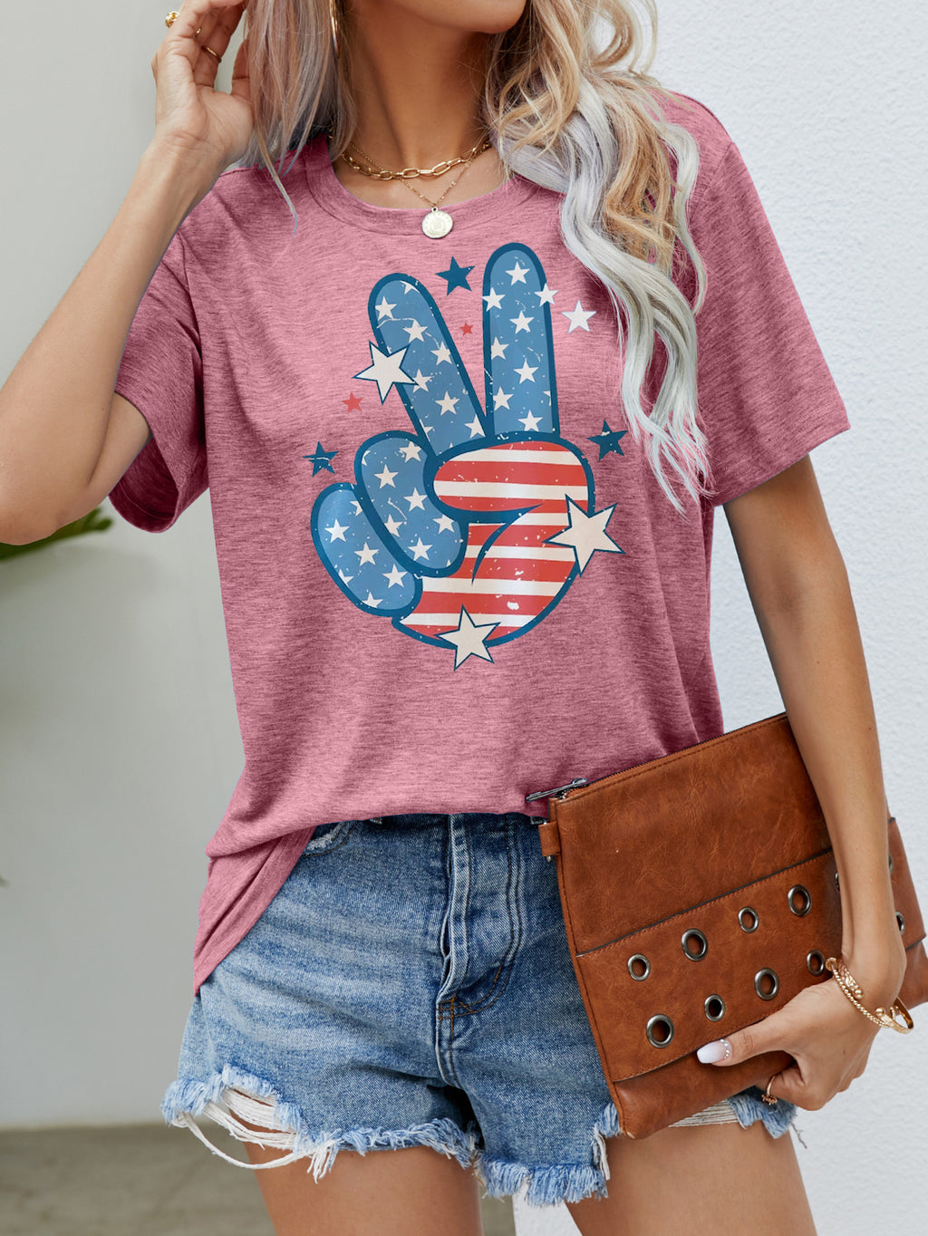  Round Neck USA Short Sleeve Printed Day T-shirt pink 2