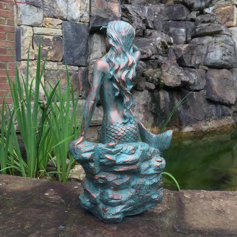 22 In. Classic Mermaid Bronze Patina Sitting on Coastal Rock Beach Collectible Statue