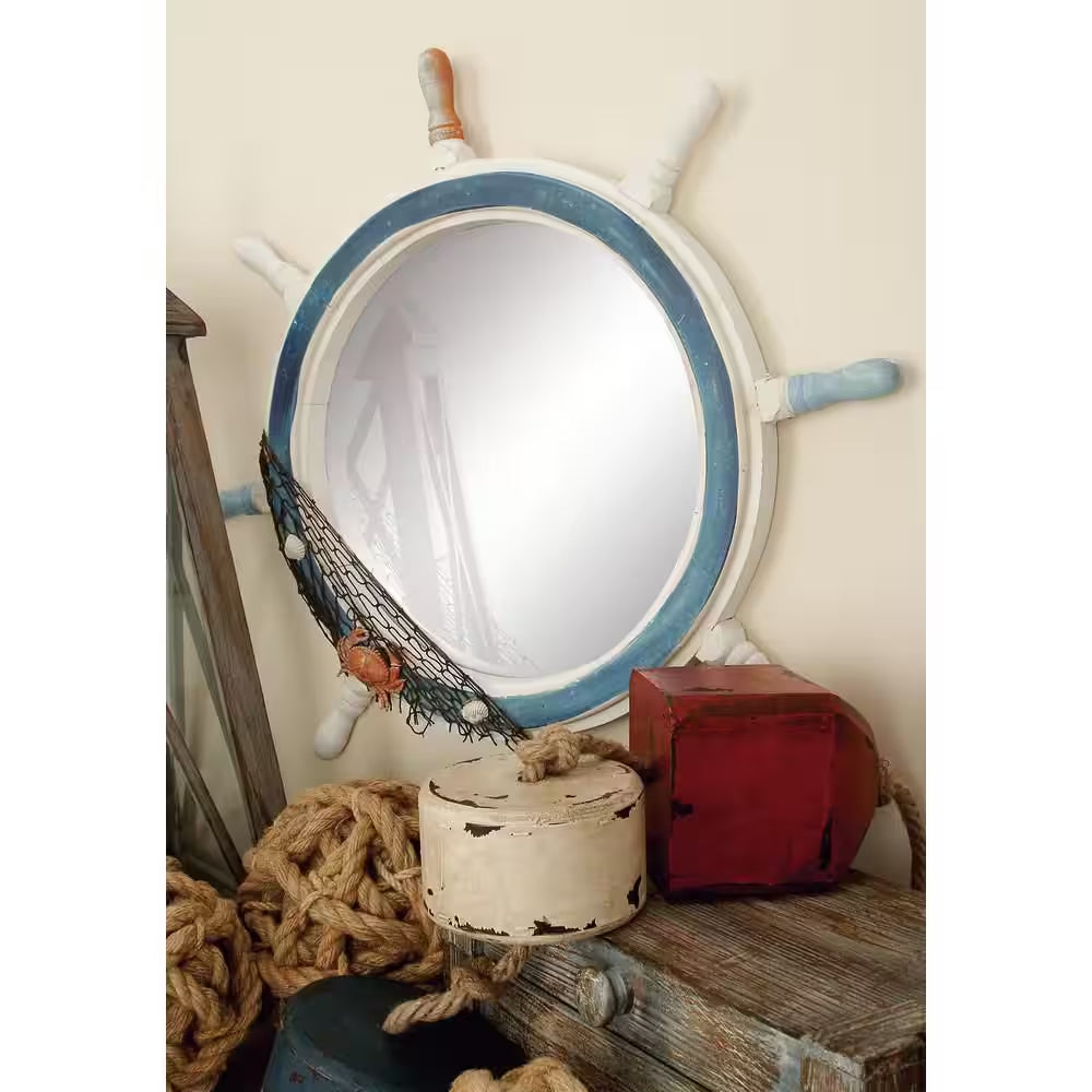 Ship Wheel round Framed White Sail Boat Wall Mirror with Netting Accent - 25 In. X 25 In.
