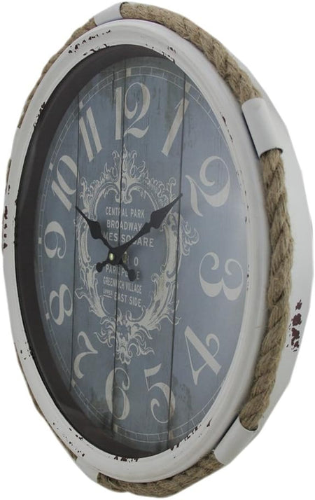 Metal Scroll Decorative Wall Clock Wall Clock for Home with Distressed White Frame and Rope Accent, 17" X 2" X 17", Blue