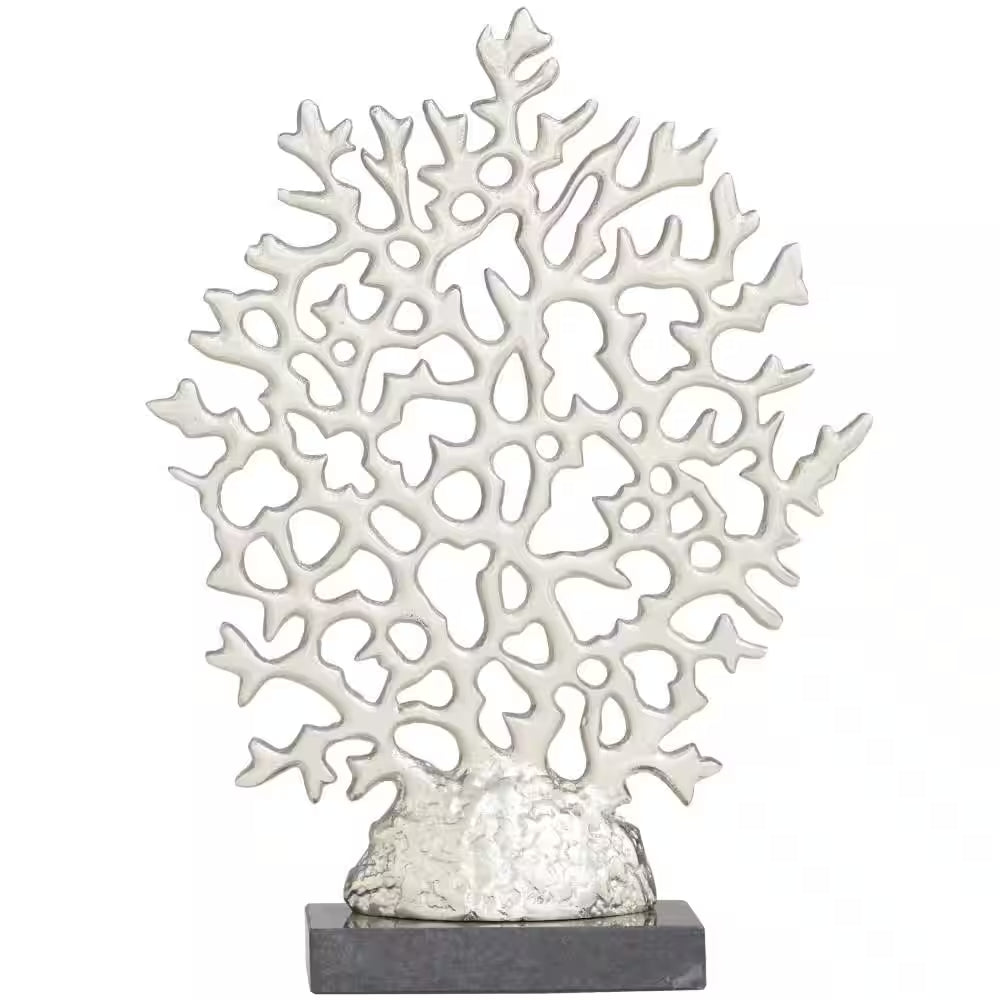 3 In. X 16 In. Silver Aluminum Coral Sculpture with Marble Base