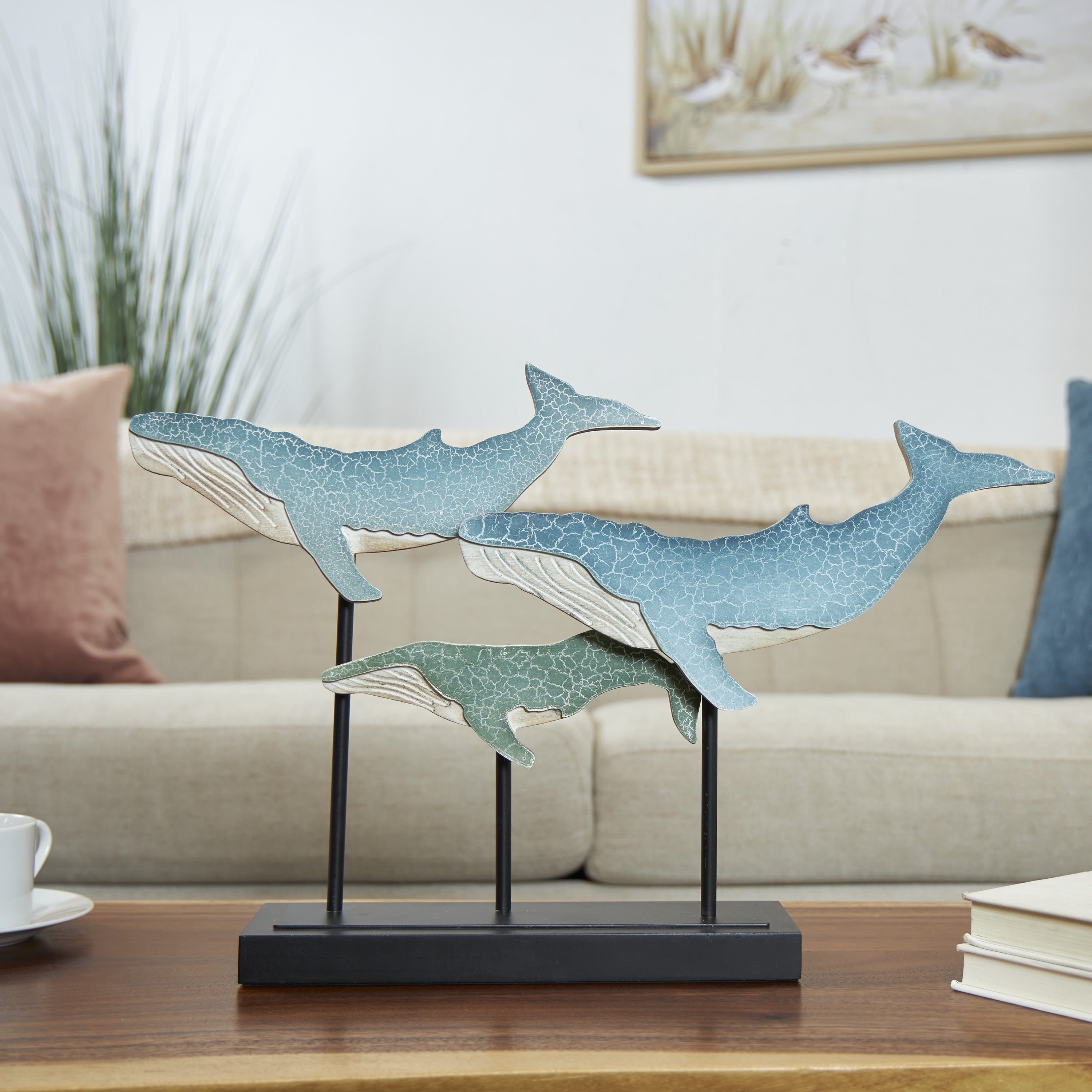 Blue Wooden Textured Whale Sculpture with Black Metal Stand - 20" X 12"