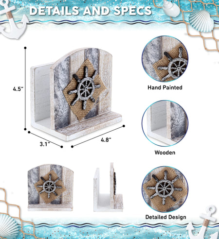 Silver Sea Nautical Wooden Napkin Holder - Table Top Centerpiece Coastal Decor for Kitchen, Home, Beach House, Rustic Decorative Napkin Holder with Boat Wheel - Color May Vary