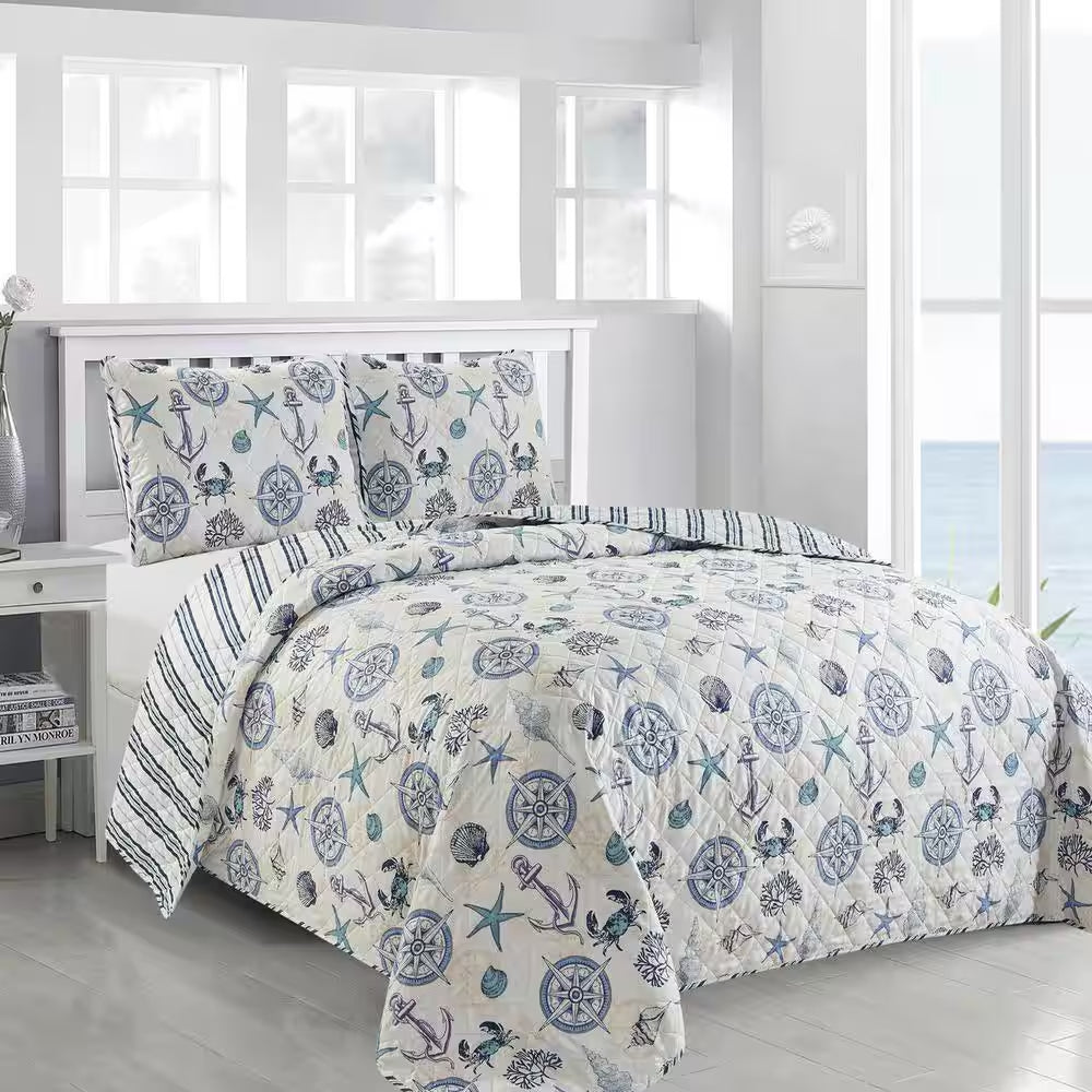 Multi-Colored Reversible Coastal Printed Twin Microfiber 2-Piece Quilt Set Bedspread
