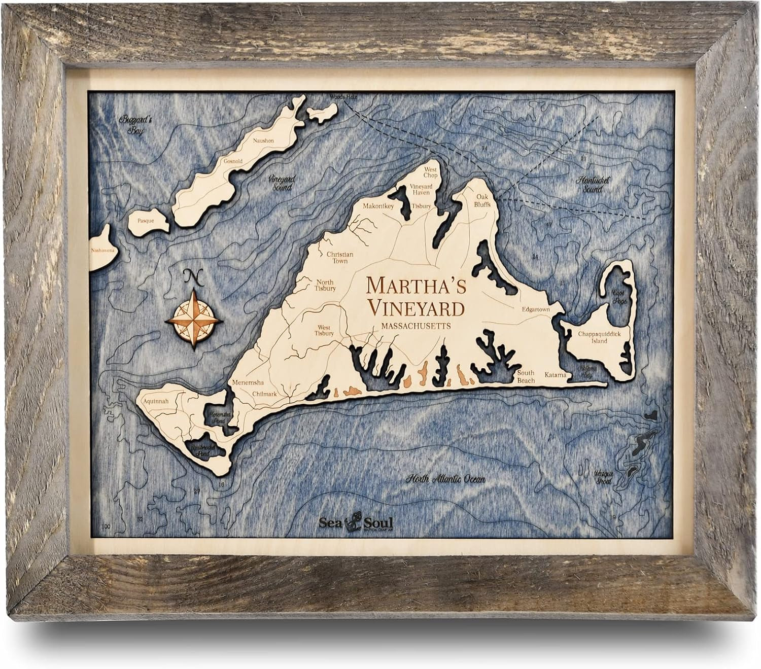 Nantucket and Martha's Vineyard 3D Wood Map Wall Art, 13X16-Inch Nautical Chart Wall Art, Nautical Wood Chart, Cottage Decor, Cape Cod Décor, Handcrafted in the USA (13X16-Inch Nantucket)