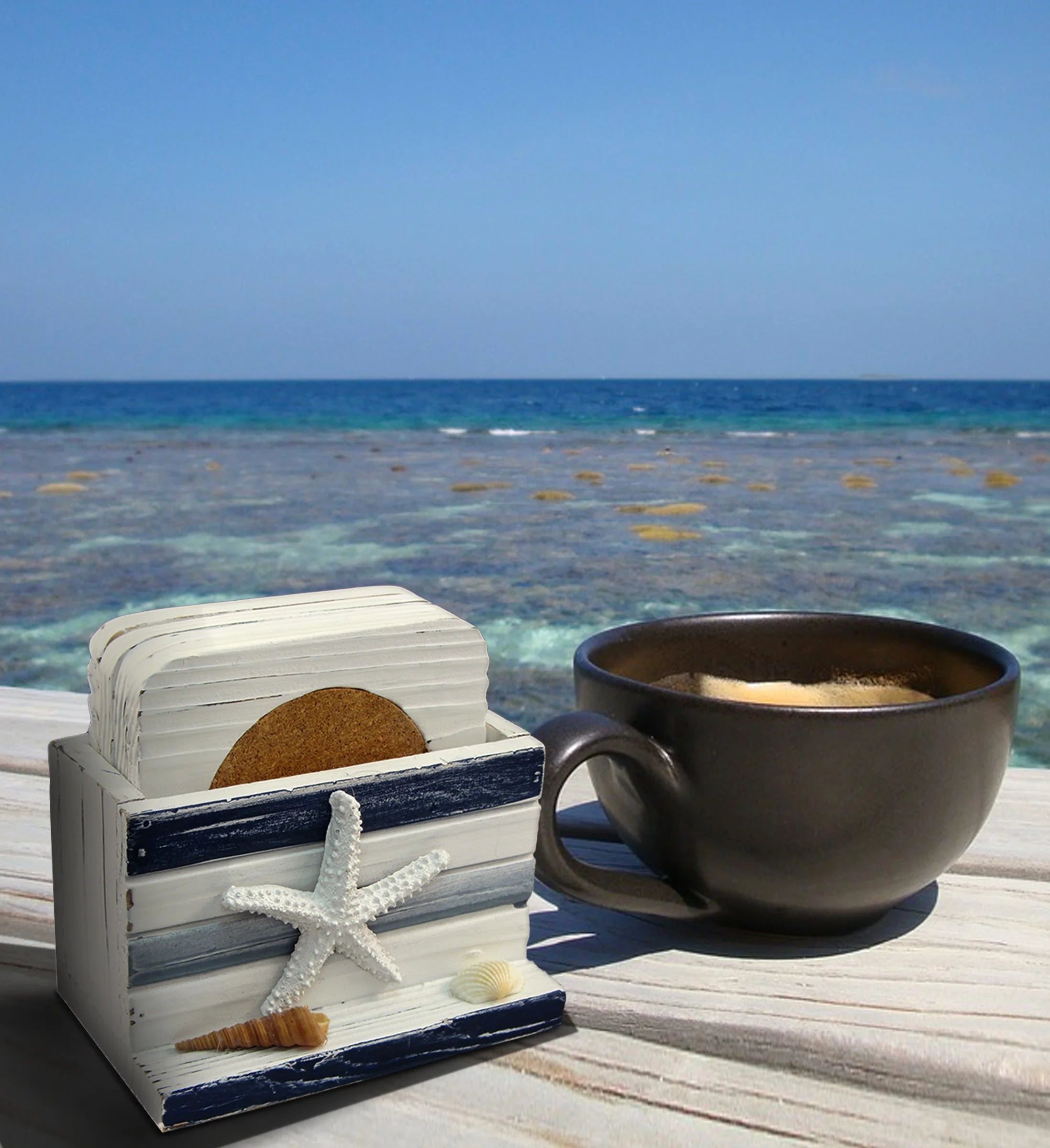 White and Blue Stripes Wooden Nautical Coasters - Tabletop Wooden Coastal Decor for Home, Kitchen, Bar, Beach Themed Gifts Square Coasters Set of 4, Handmade Drink Coasters with Holder