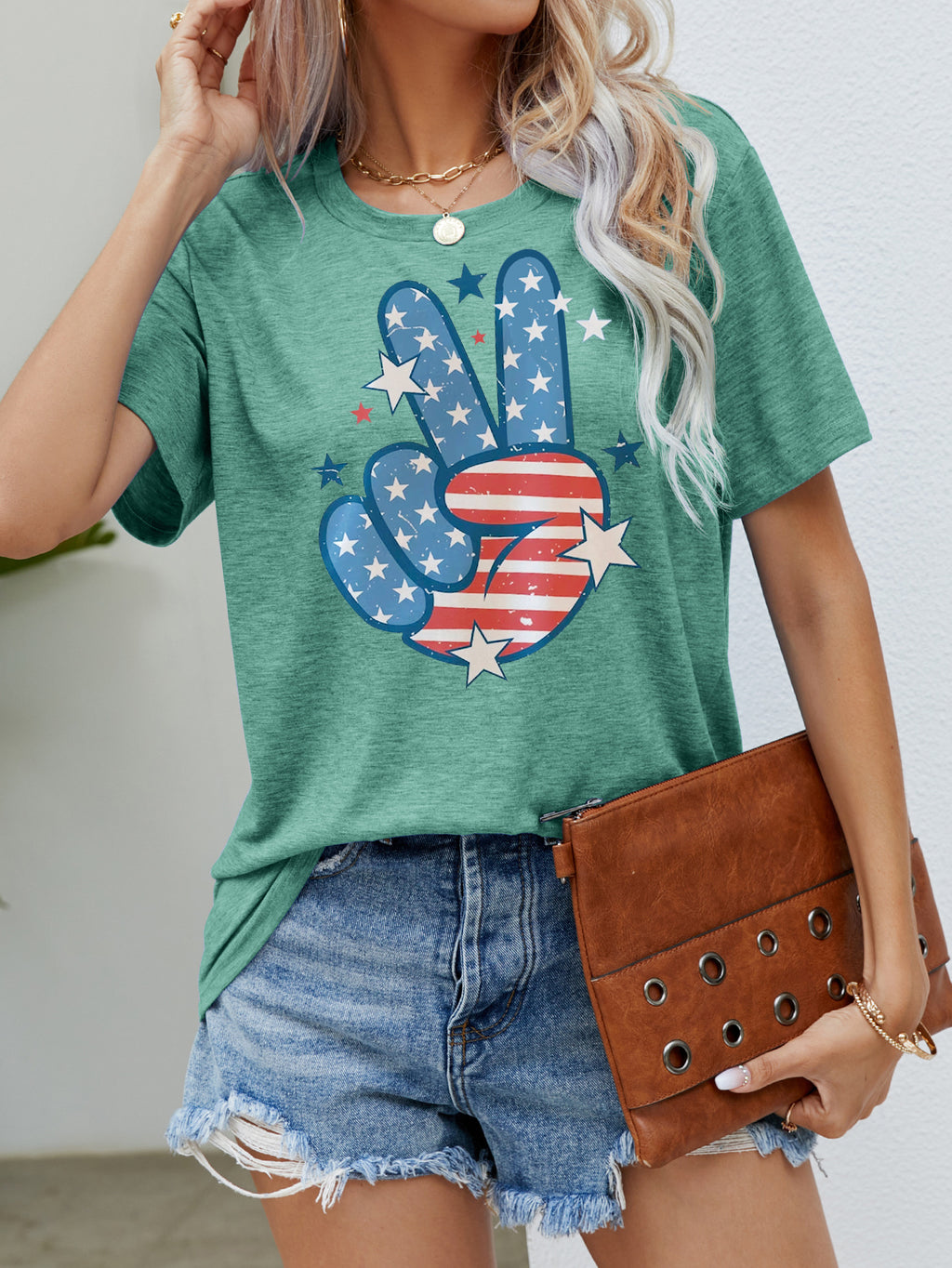  Round Neck USA Short Sleeve Printed Day T-shirt Green